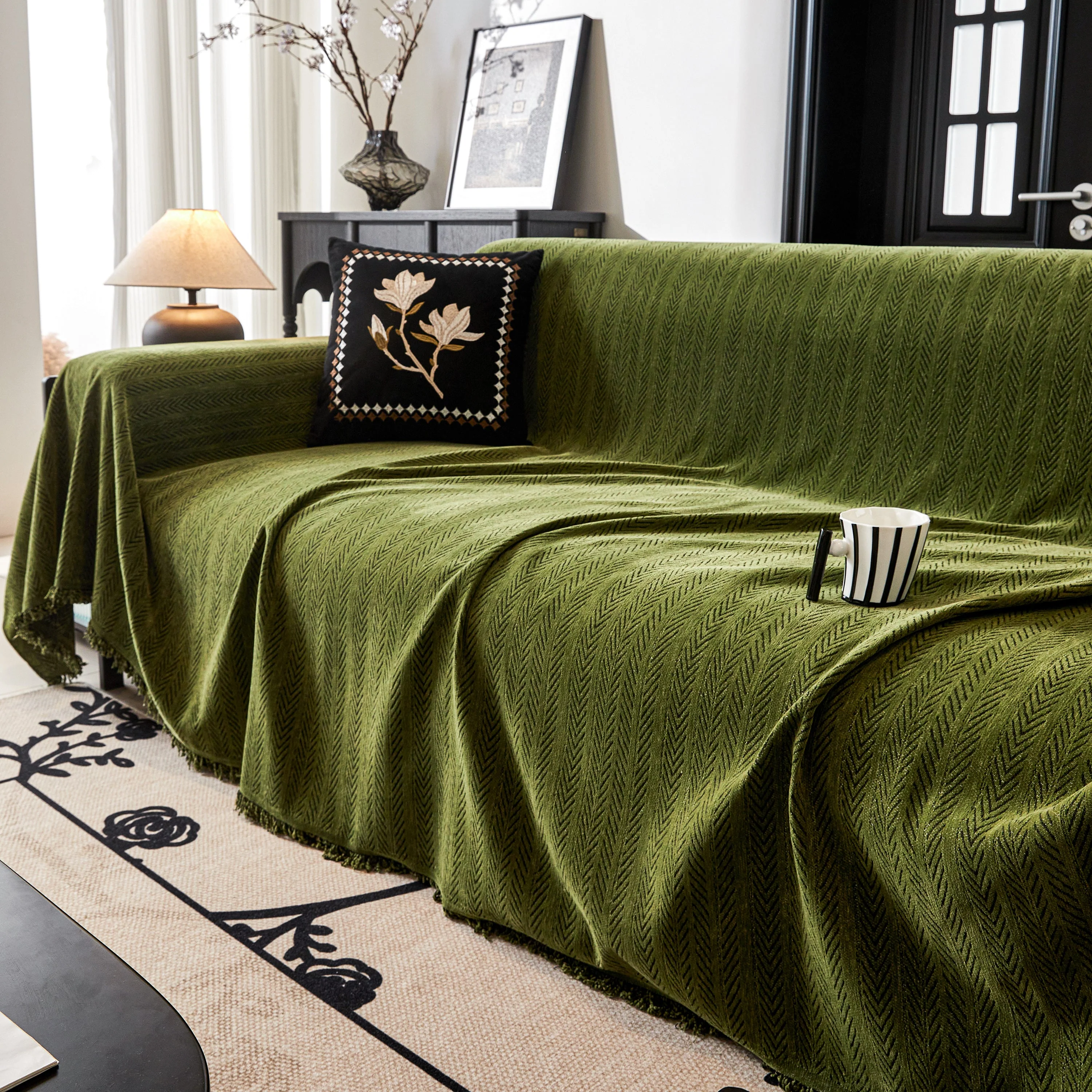 Herringbone Chenille Couch Cover Blanket Soft Durable Throw Sofa Protector with Tassel - Image 142