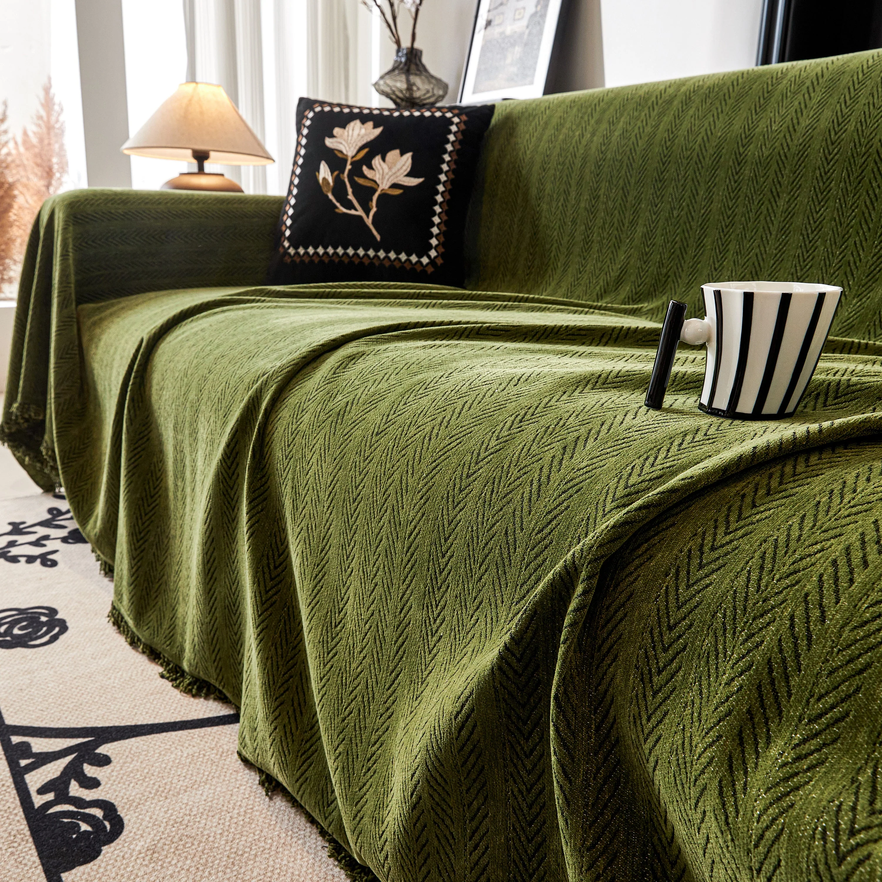 Herringbone Chenille Couch Cover Blanket Soft Durable Throw Sofa Protector with Tassel - Image 144