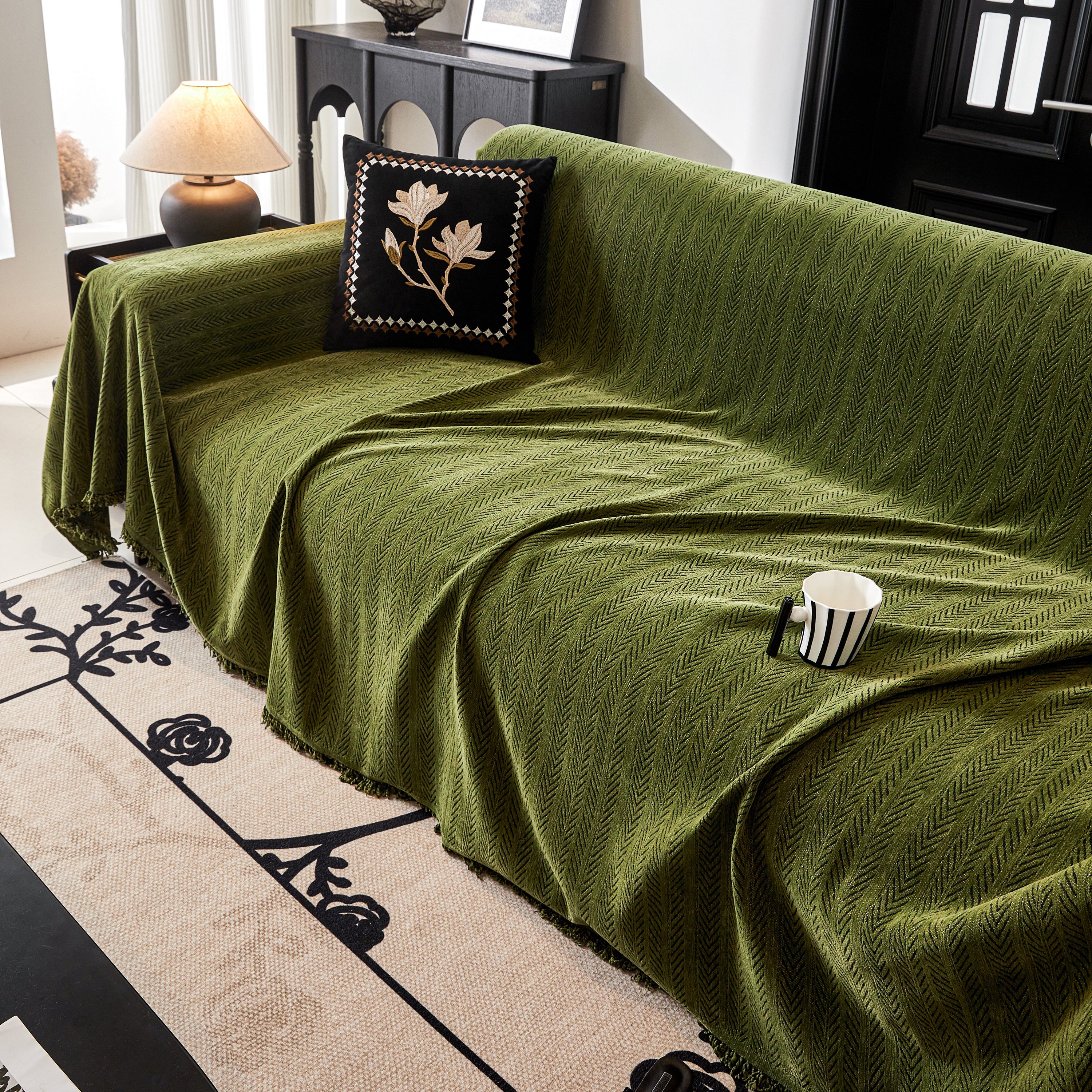 Herringbone Chenille Couch Cover Blanket Soft Durable Throw Sofa Protector with Tassel - Image 146