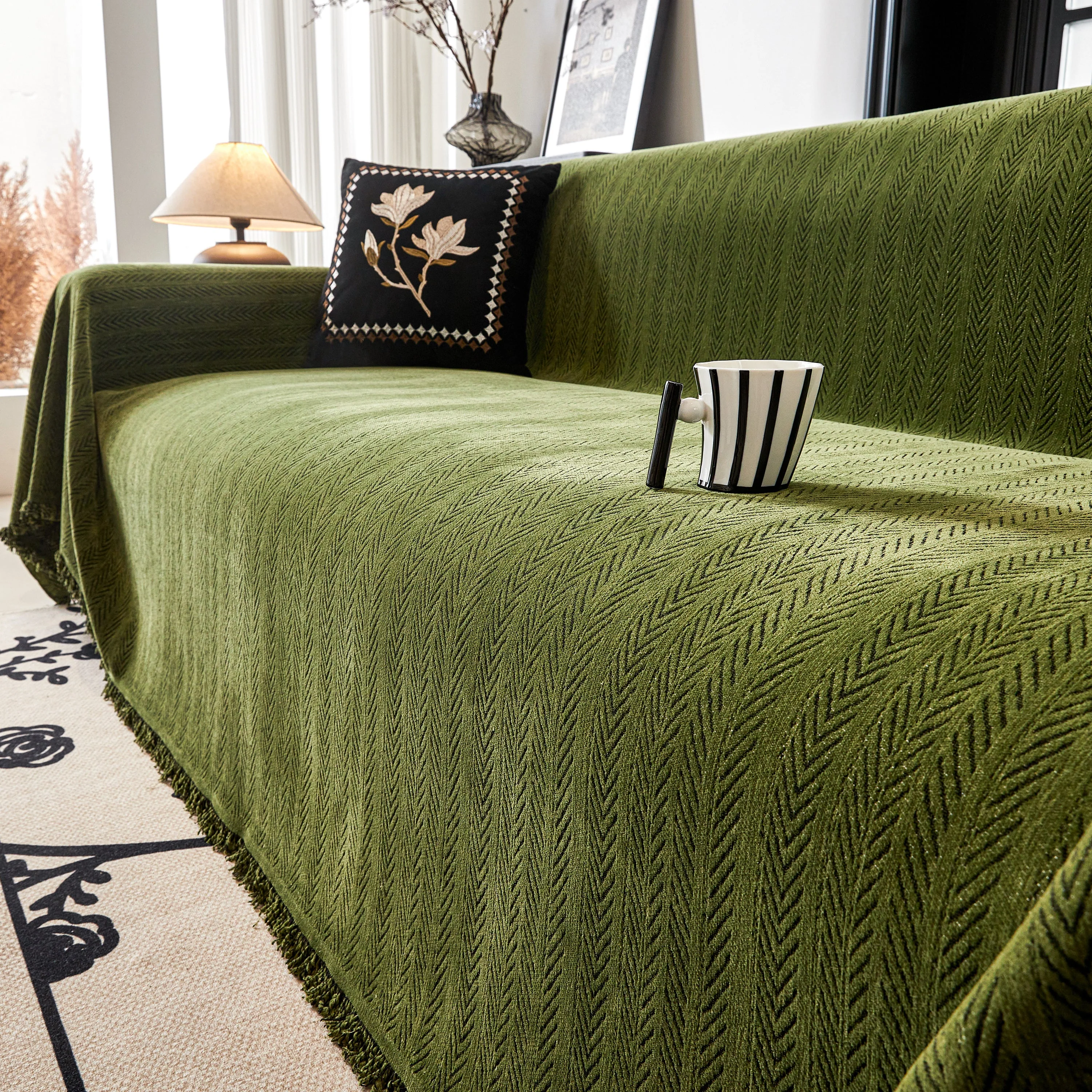 Herringbone Chenille Couch Cover Blanket Soft Durable Throw Sofa Protector with Tassel - Image 147