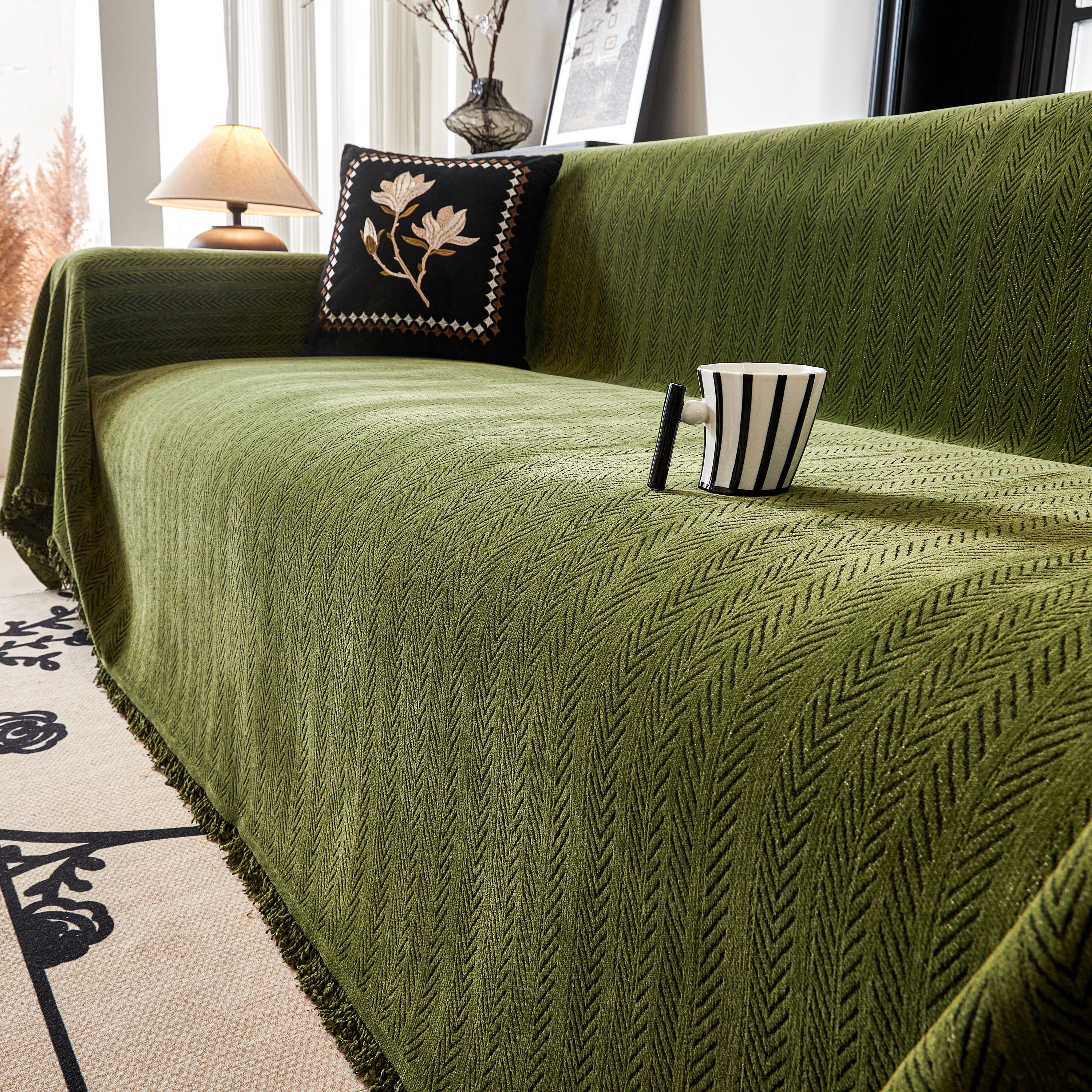 Herringbone Chenille Couch Cover Blanket Soft Durable Throw Sofa Protector with Tassel - Image 148