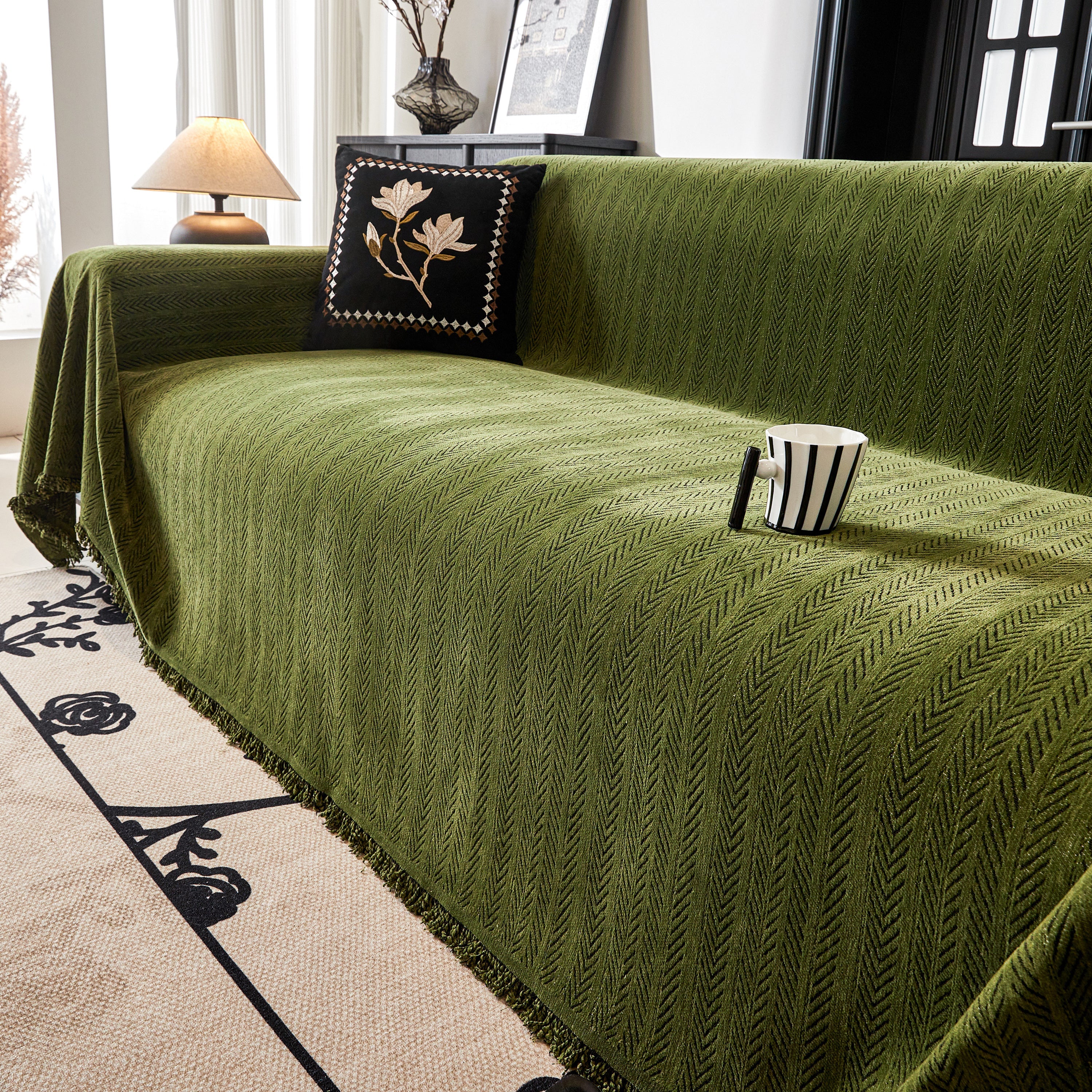 Herringbone Chenille Couch Cover Blanket Soft Durable Throw Sofa Protector with Tassel - Image 149