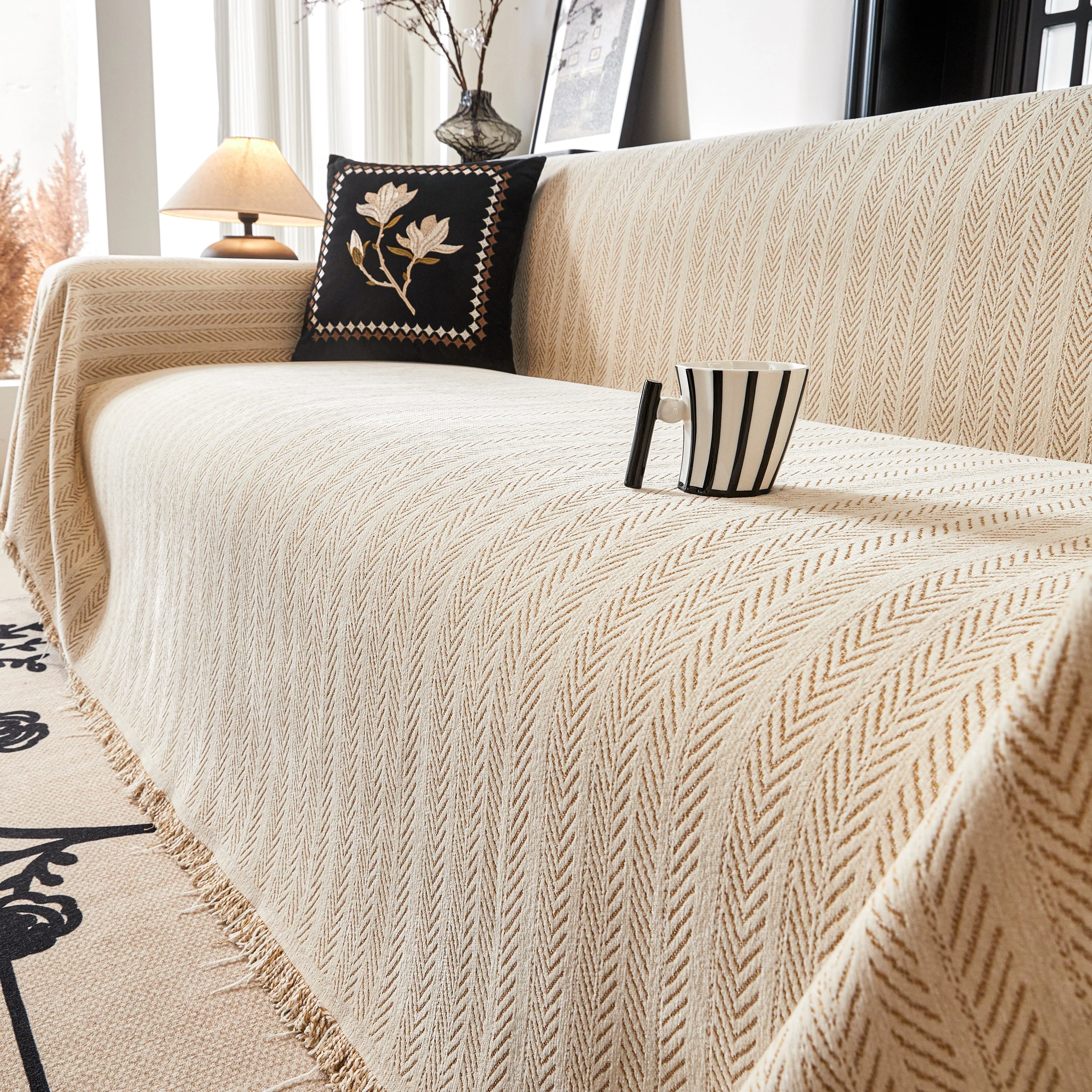 Herringbone Chenille Couch Cover Blanket Soft Durable Throw Sofa Protector with Tassel - Image 15