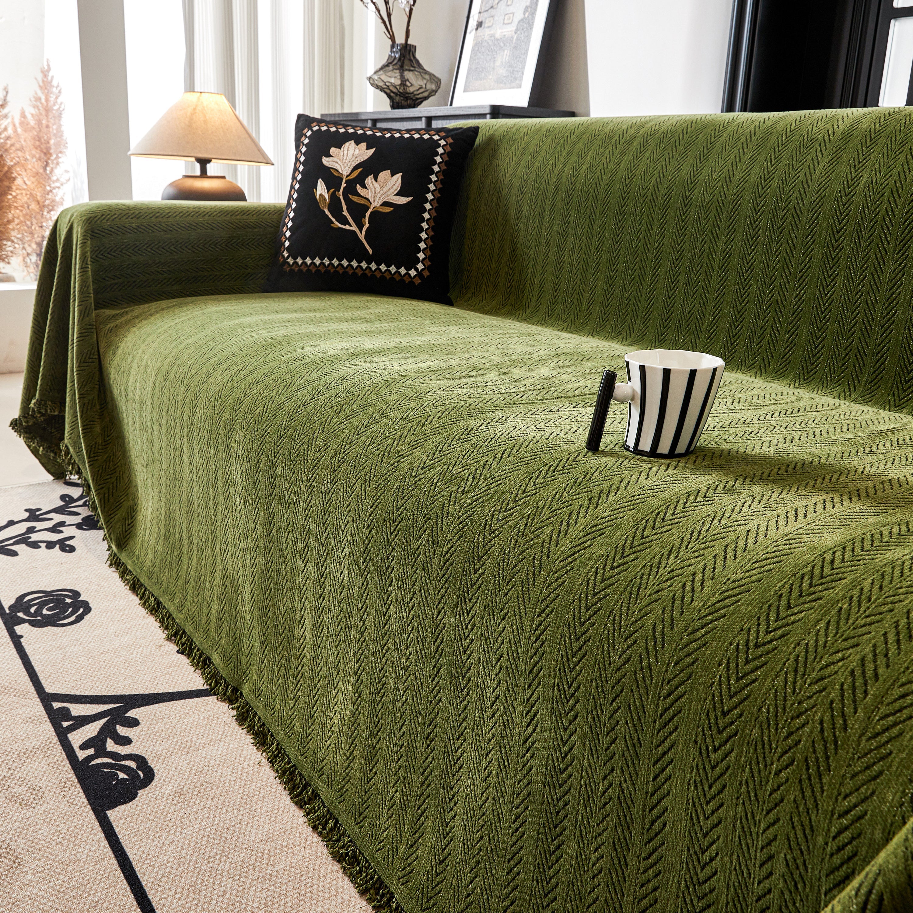 Herringbone Chenille Couch Cover Blanket Soft Durable Throw Sofa Protector with Tassel - Image 150
