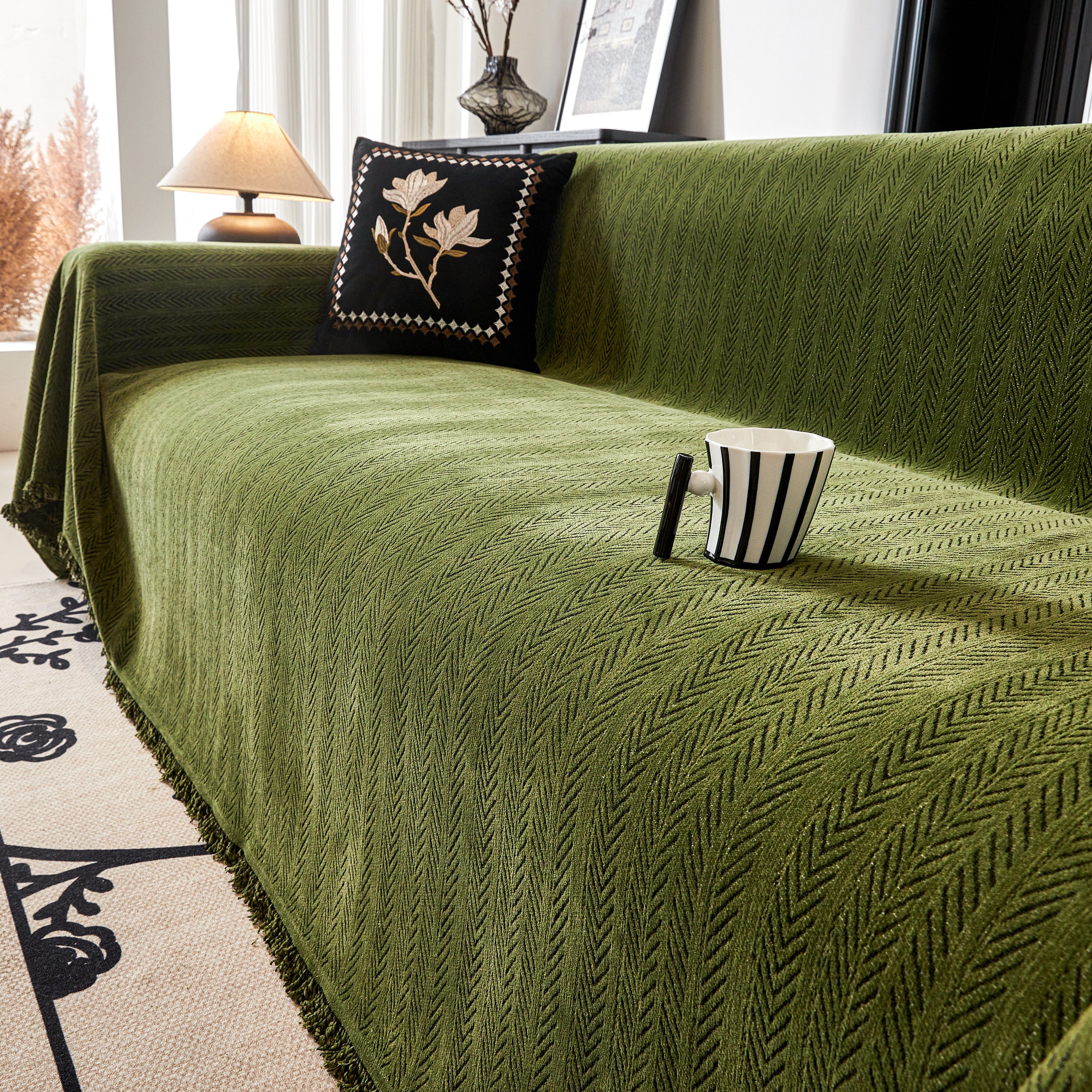 Herringbone Chenille Couch Cover Blanket Soft Durable Throw Sofa Protector with Tassel - Image 152