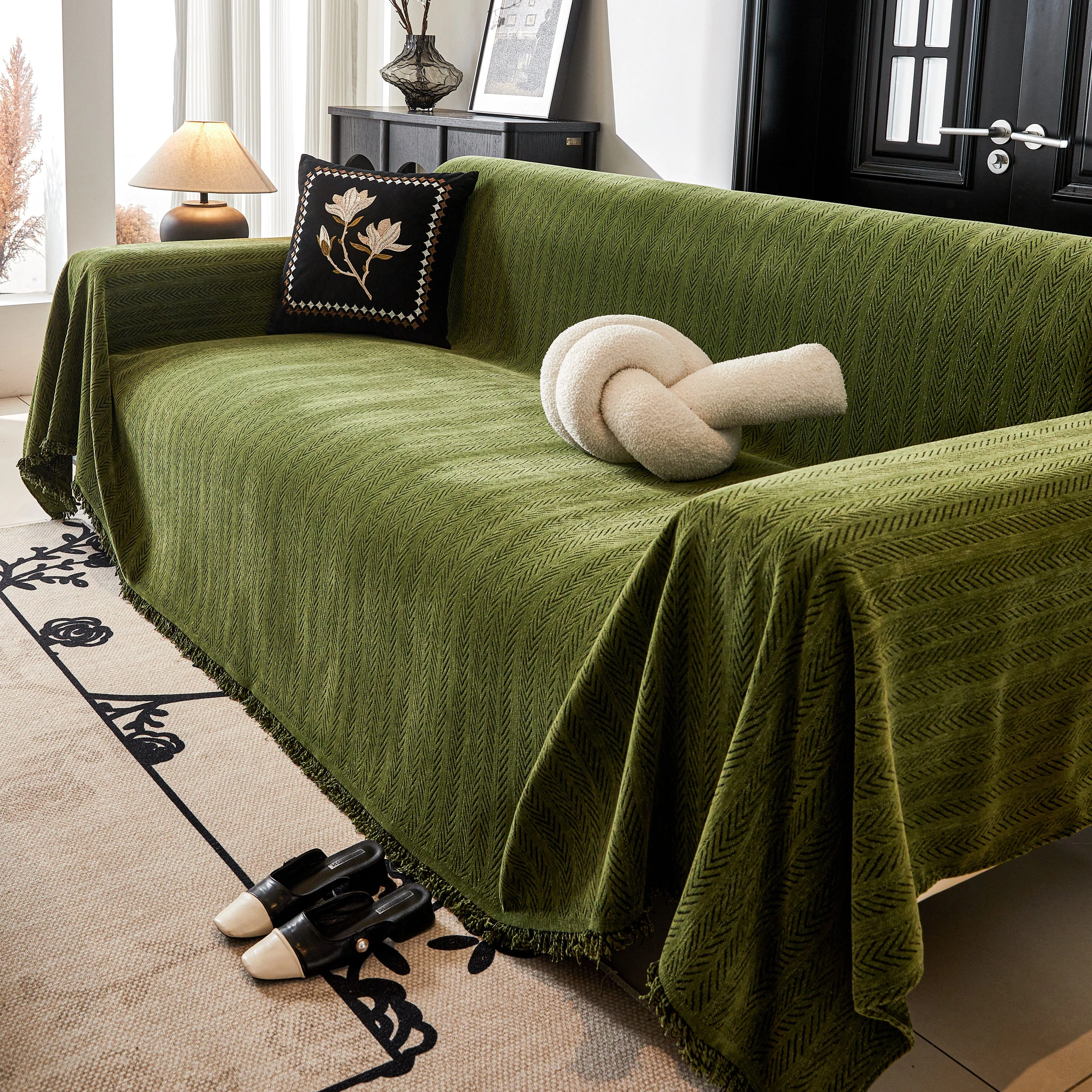 Herringbone Chenille Couch Cover Blanket Soft Durable Throw Sofa Protector with Tassel - Image 154