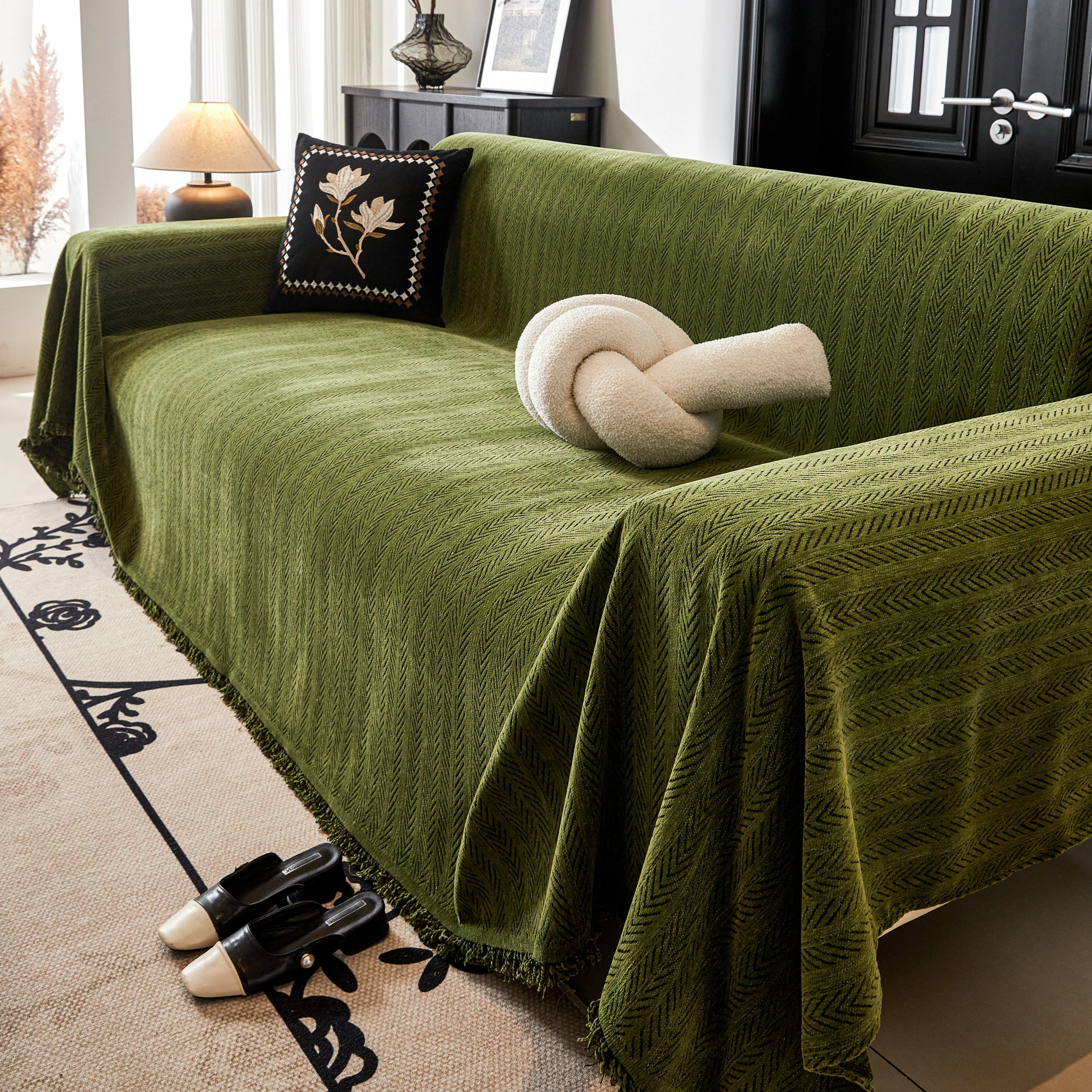 Herringbone Chenille Couch Cover Blanket Soft Durable Throw Sofa Protector with Tassel - Image 155