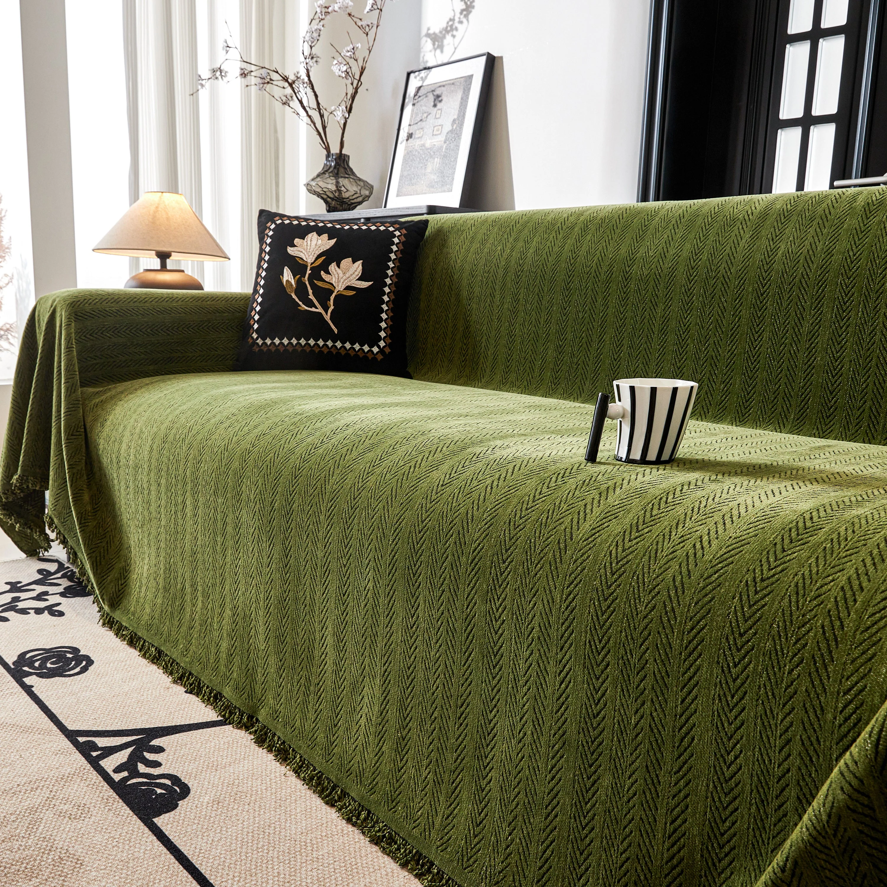 Herringbone Chenille Couch Cover Blanket Soft Durable Throw Sofa Protector with Tassel - Image 156