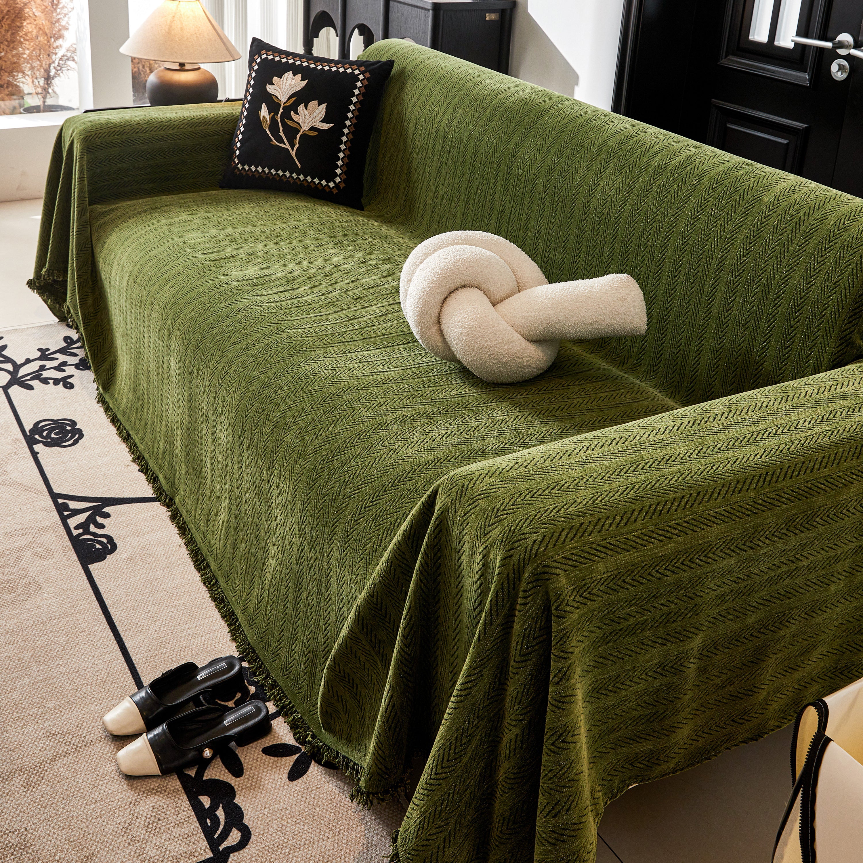 Herringbone Chenille Couch Cover Blanket Soft Durable Throw Sofa Protector with Tassel - Image 157
