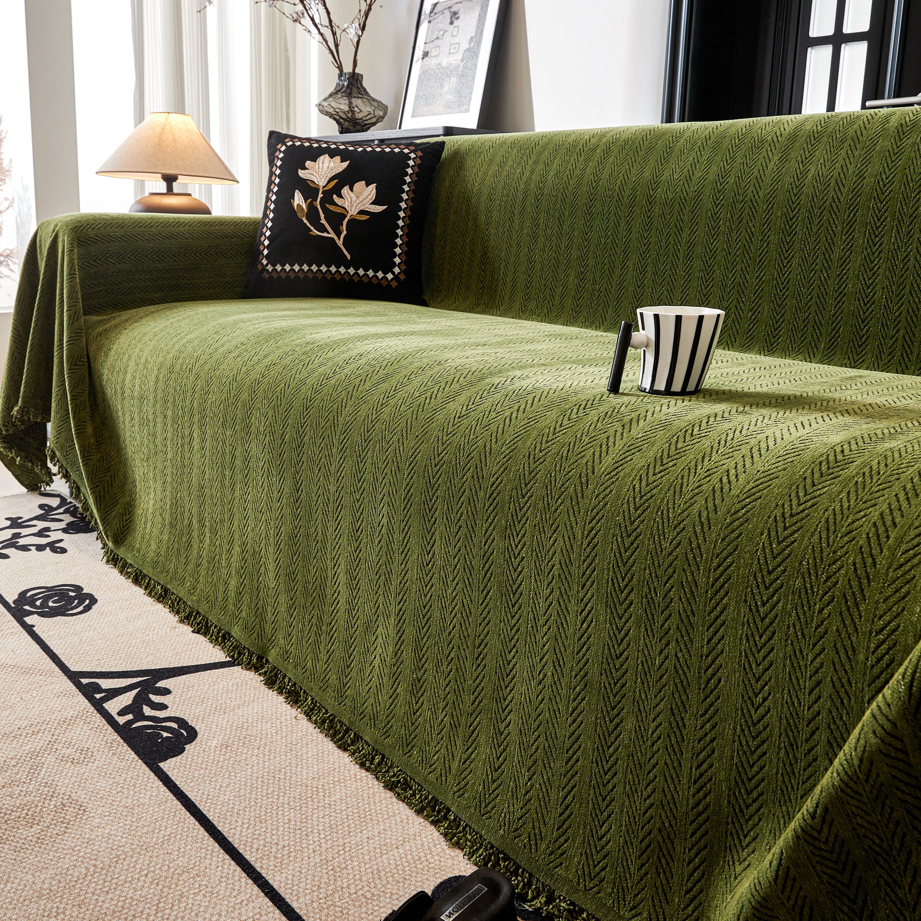 Herringbone Chenille Couch Cover Blanket Soft Durable Throw Sofa Protector with Tassel - Image 158