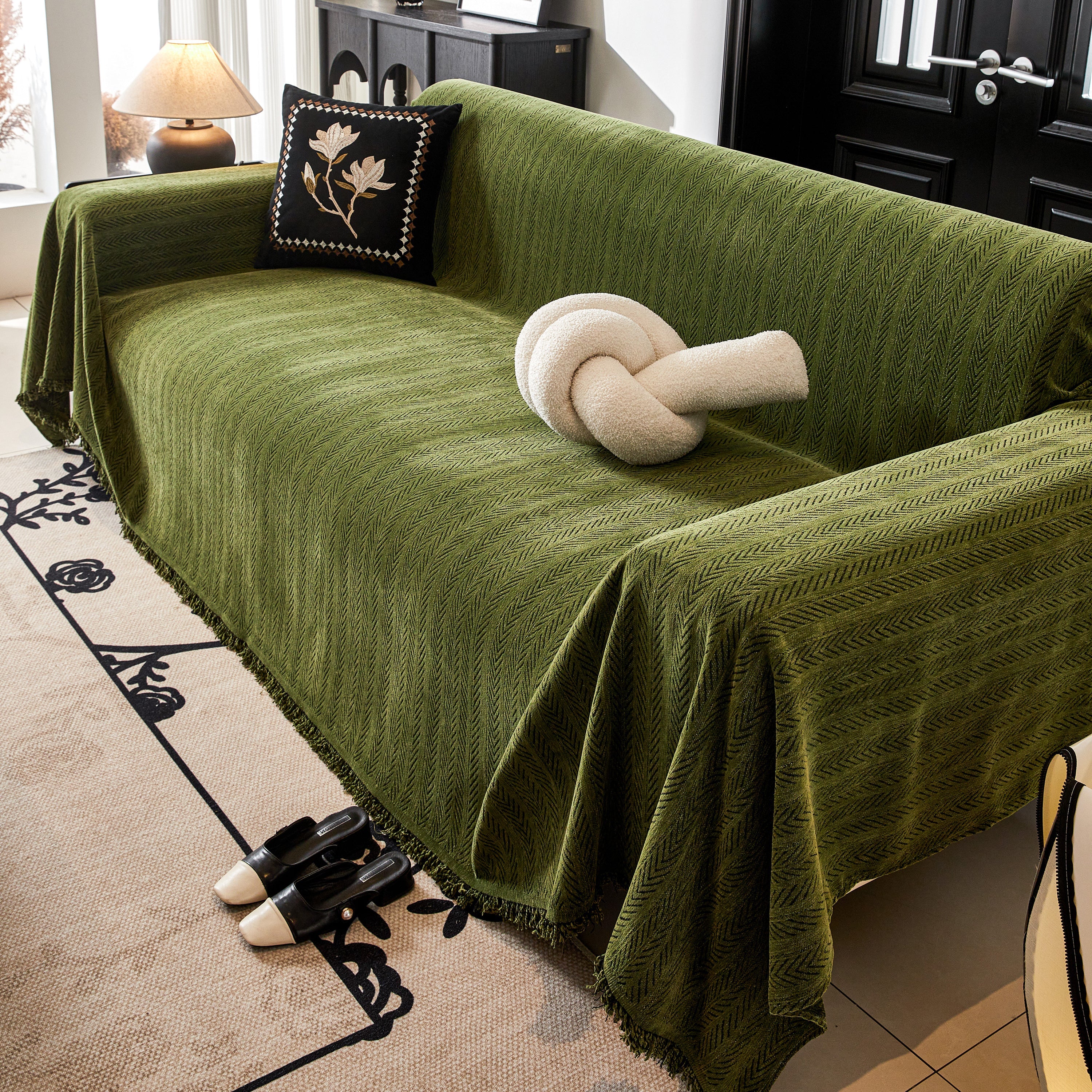Herringbone Chenille Couch Cover Blanket Soft Durable Throw Sofa Protector with Tassel - Image 159