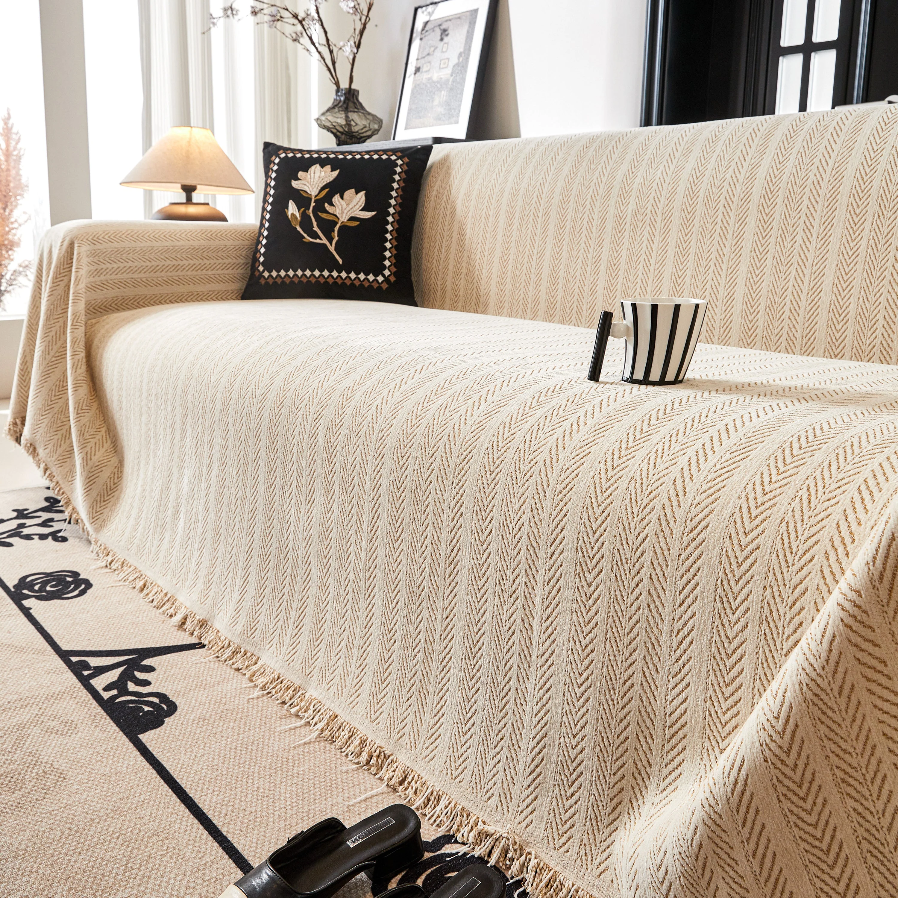 Herringbone Chenille Couch Cover Blanket Soft Durable Throw Sofa Protector with Tassel - Image 16