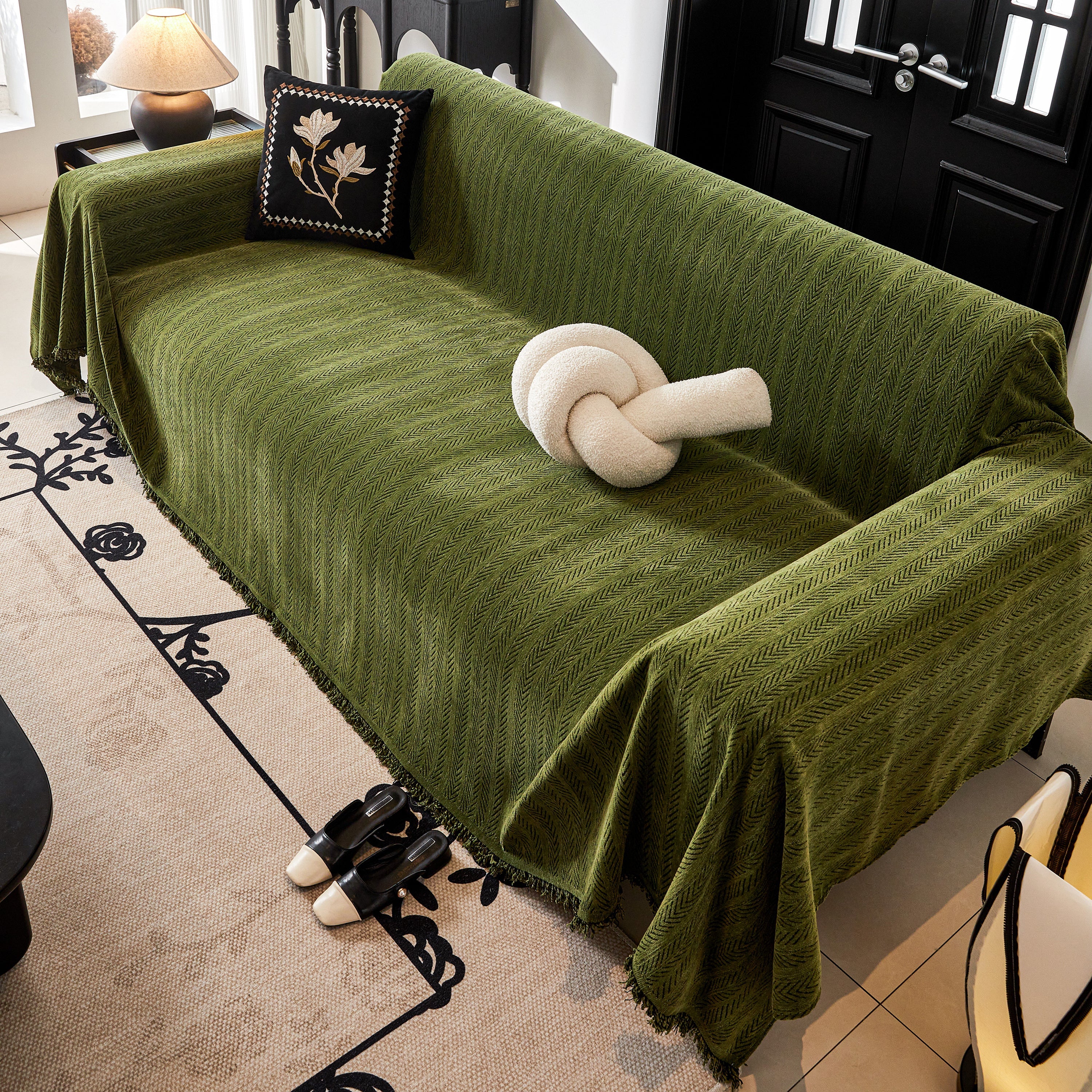 Herringbone Chenille Couch Cover Blanket Soft Durable Throw Sofa Protector with Tassel - Image 160