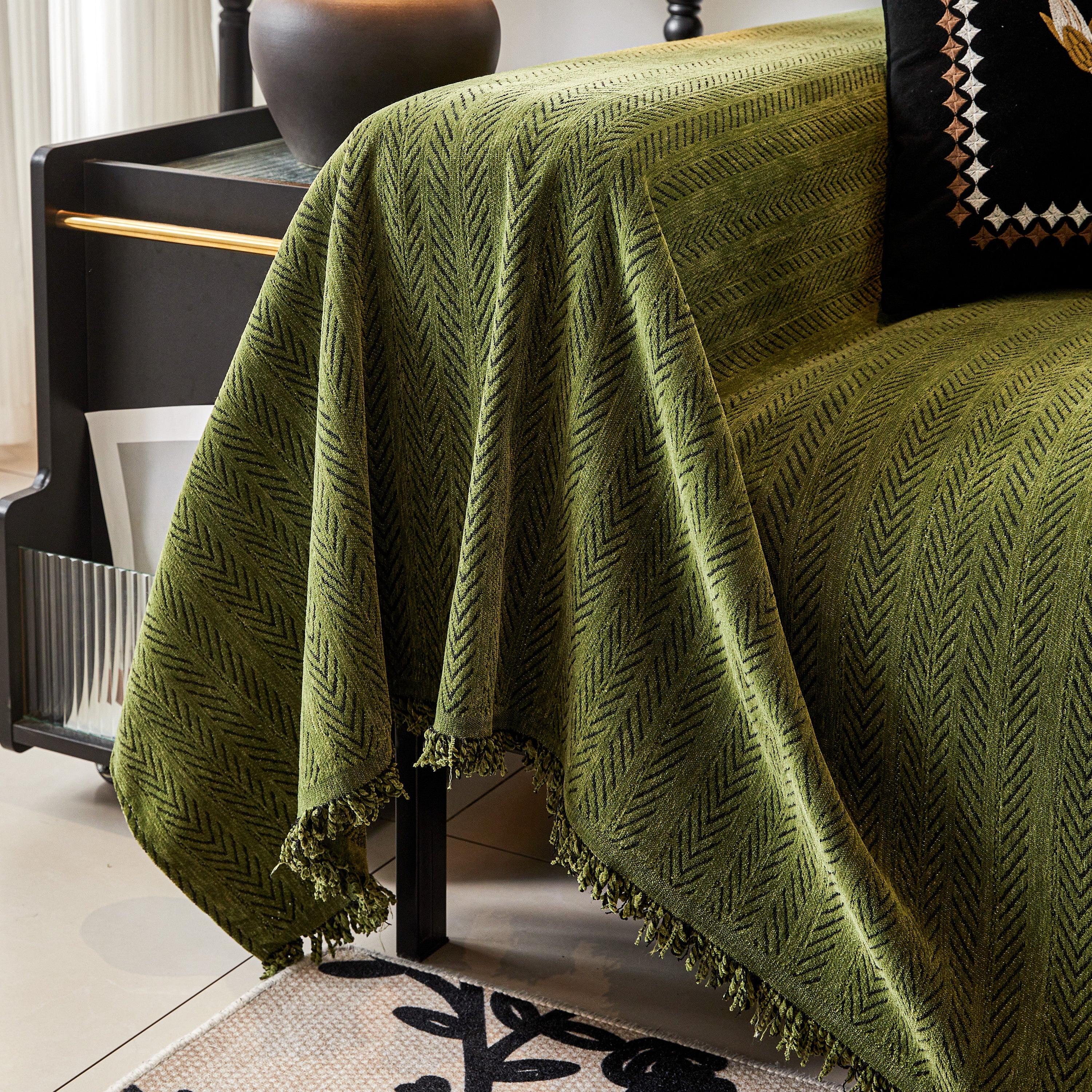 Herringbone Chenille Couch Cover Blanket Soft Durable Throw Sofa Protector with Tassel - Image 161