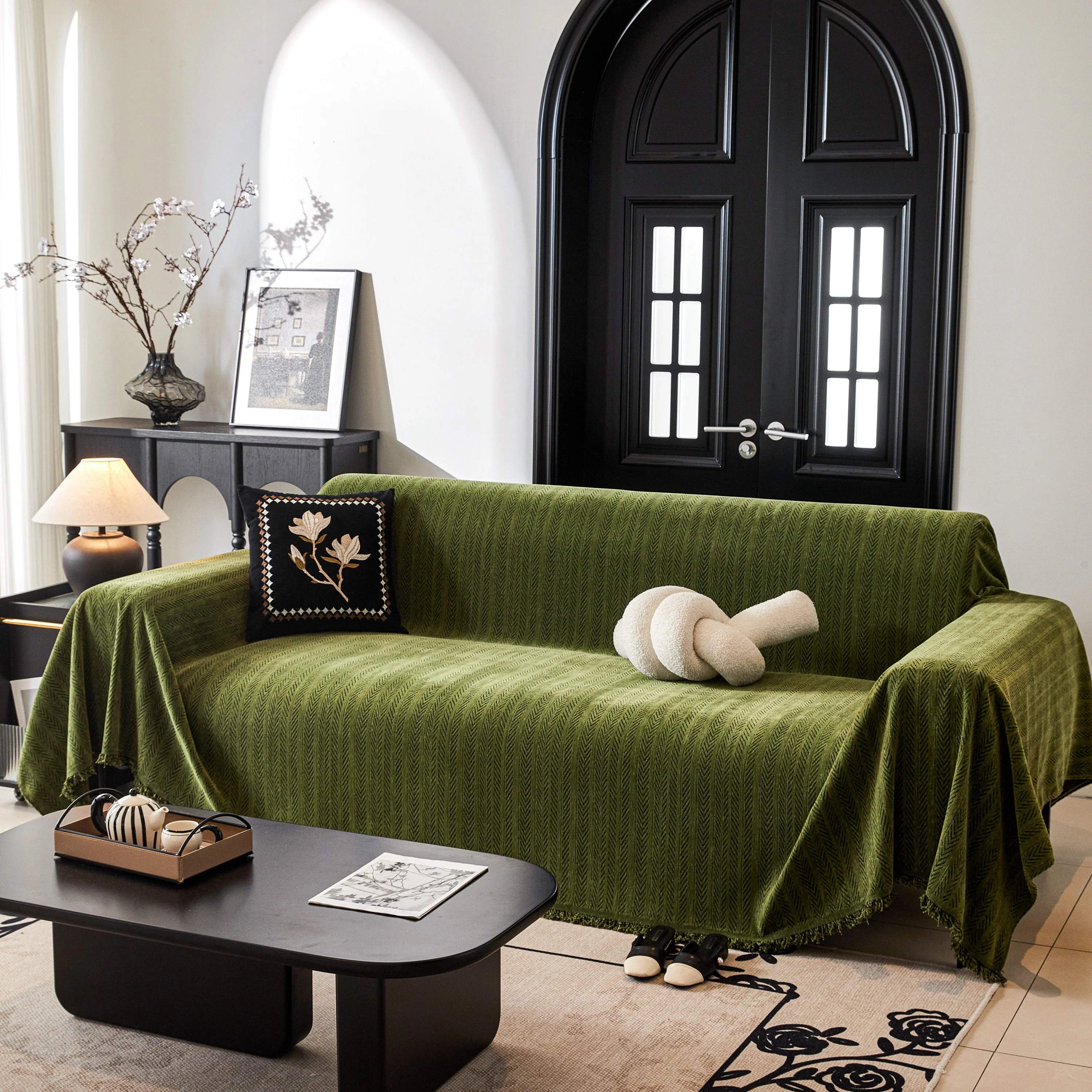 Herringbone Chenille Couch Cover Blanket Soft Durable Throw Sofa Protector with Tassel - Image 162