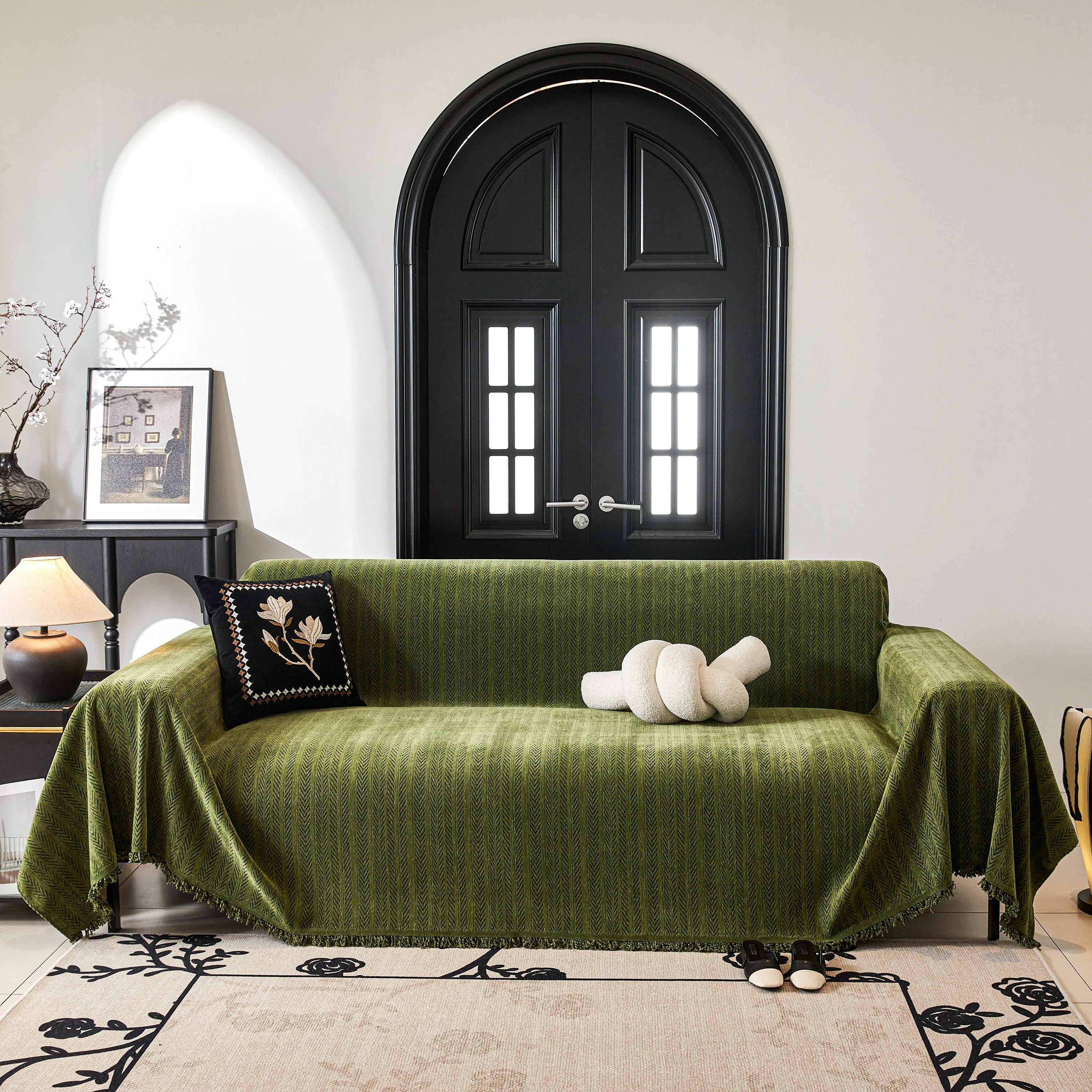 Herringbone Chenille Couch Cover Blanket Soft Durable Throw Sofa Protector with Tassel - Image 165