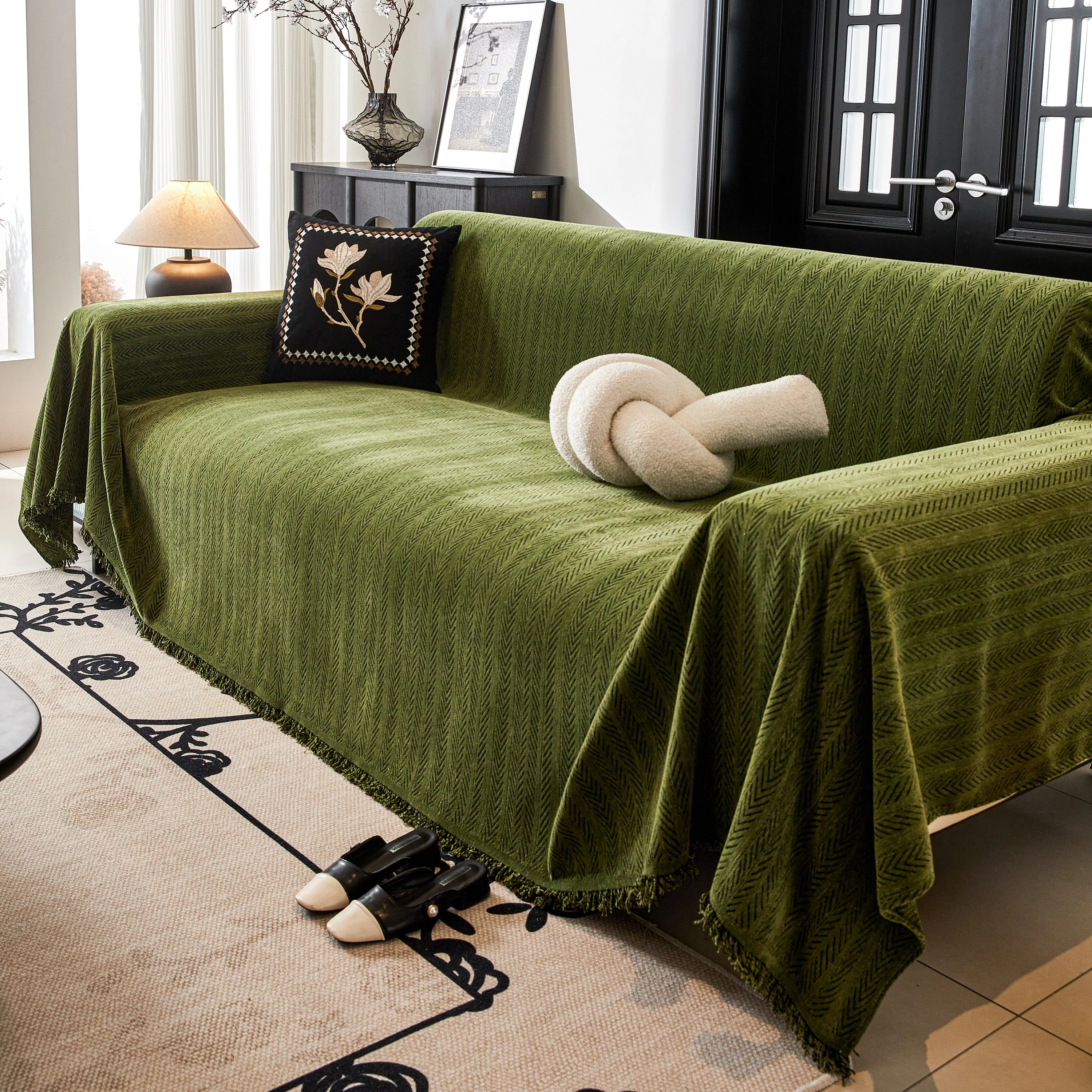 Herringbone Chenille Couch Cover Blanket Soft Durable Throw Sofa Protector with Tassel - Image 167