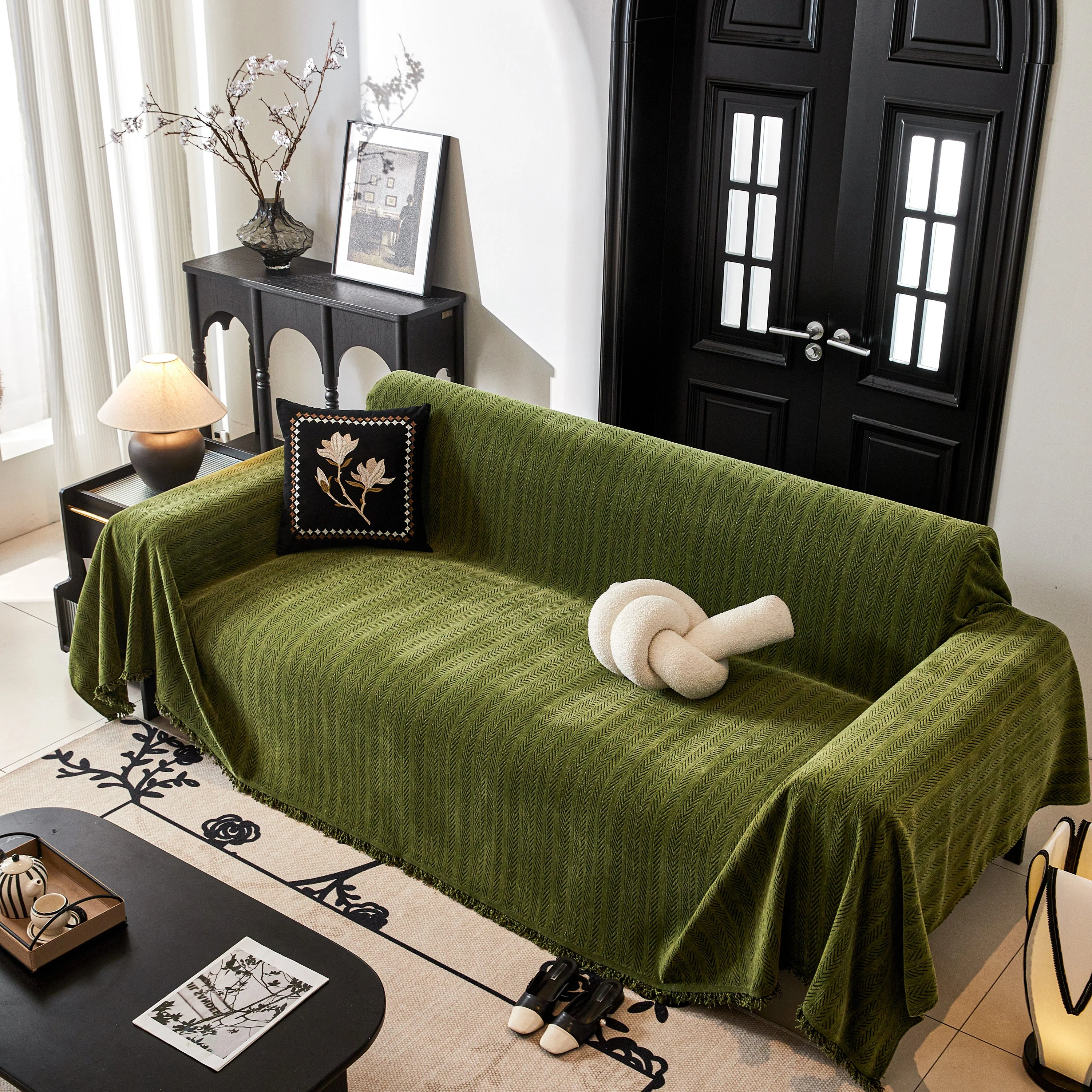 Herringbone Chenille Couch Cover Blanket Soft Durable Throw Sofa Protector with Tassel - Image 168