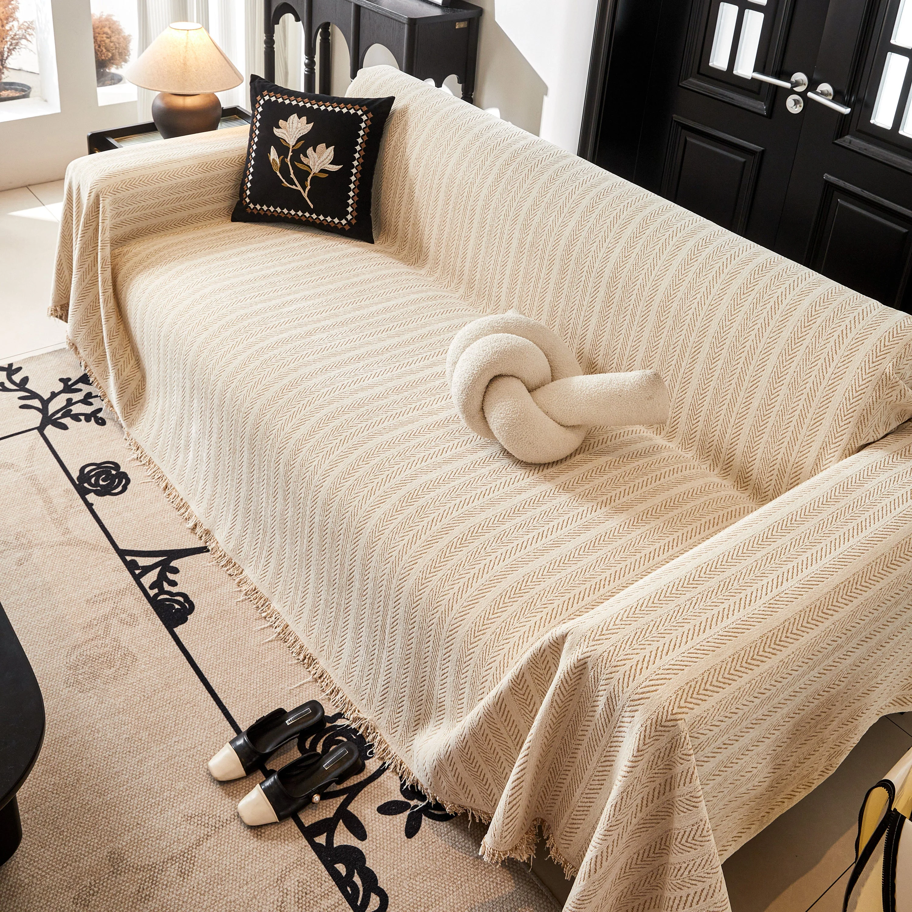 Herringbone Chenille Couch Cover Blanket Soft Durable Throw Sofa Protector with Tassel - Image 17