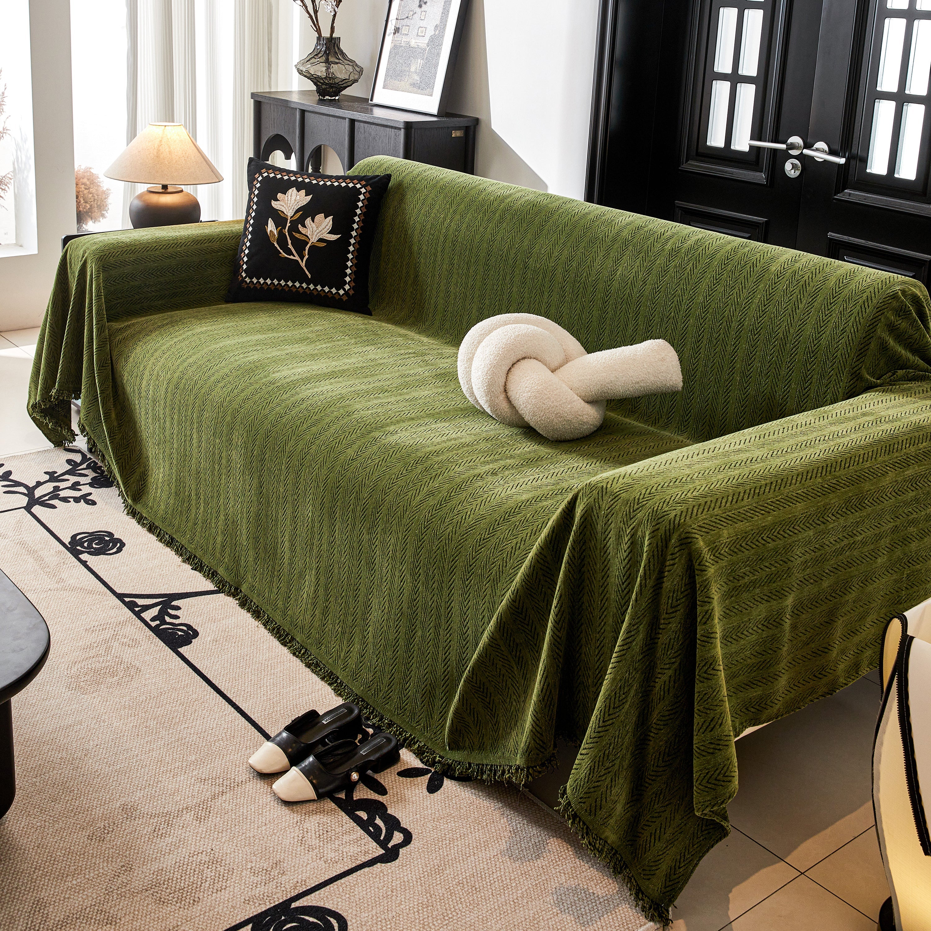 Herringbone Chenille Couch Cover Blanket Soft Durable Throw Sofa Protector with Tassel - Image 170