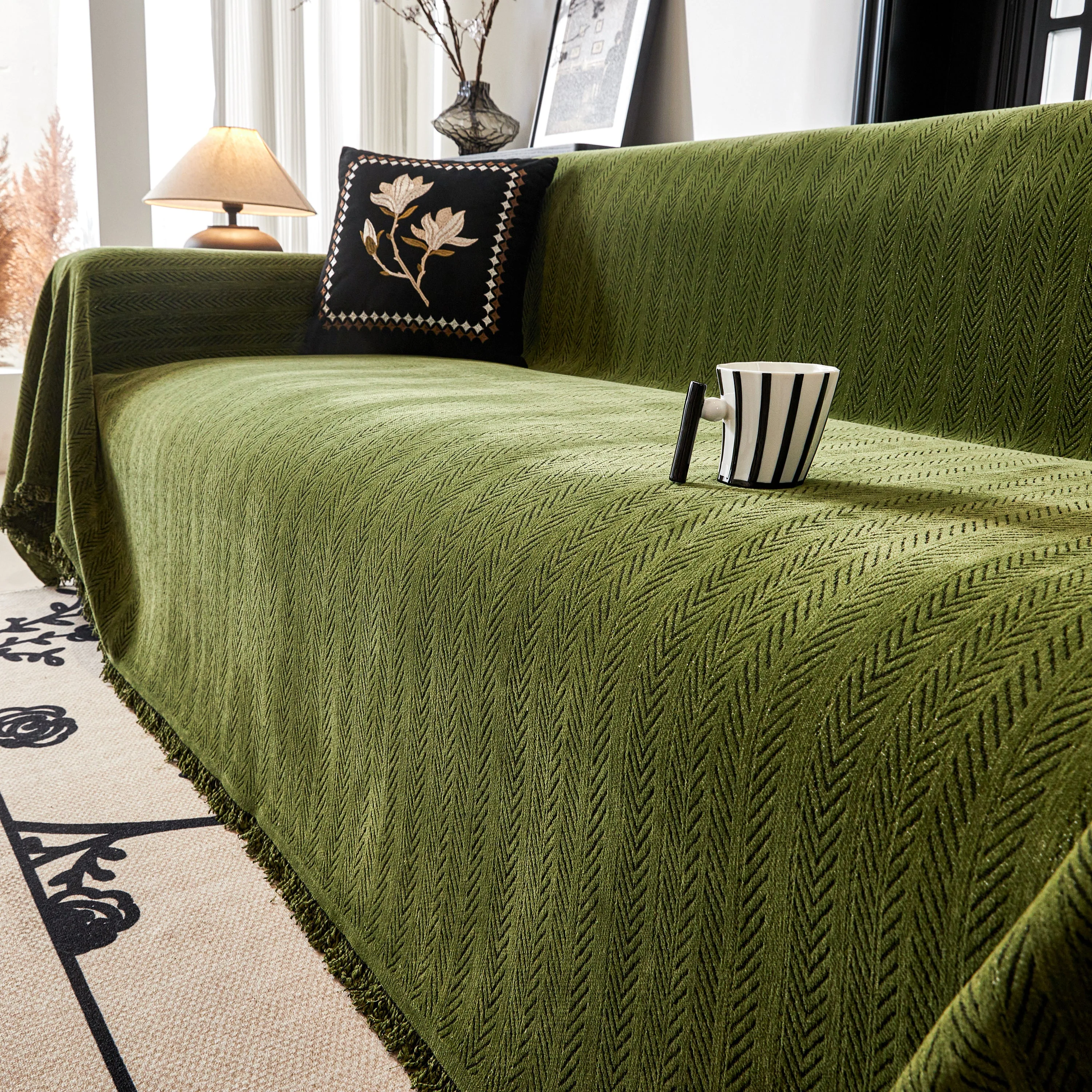 Herringbone Chenille Couch Cover Blanket Soft Durable Throw Sofa Protector with Tassel - Image 171