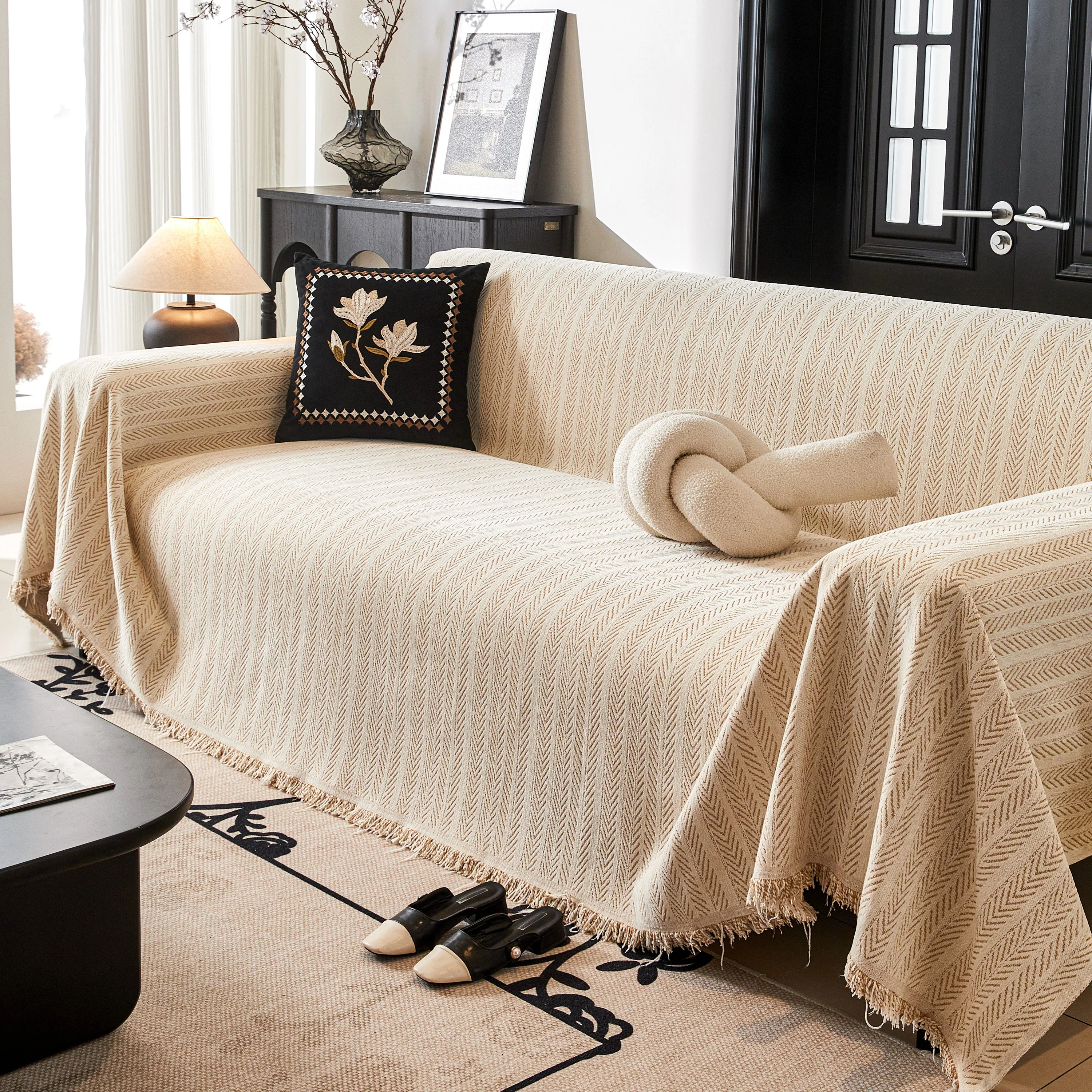 Herringbone Chenille Couch Cover Blanket Soft Durable Throw Sofa Protector with Tassel - Image 18