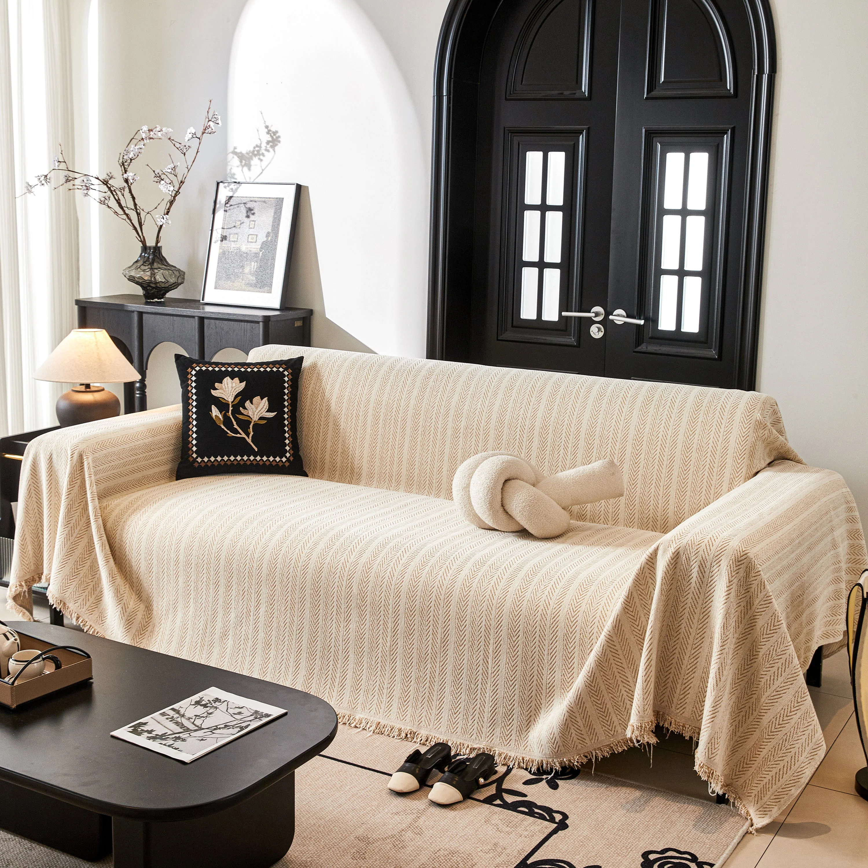 Herringbone Chenille Couch Cover Blanket Soft Durable Throw Sofa Protector with Tassel - Image 19