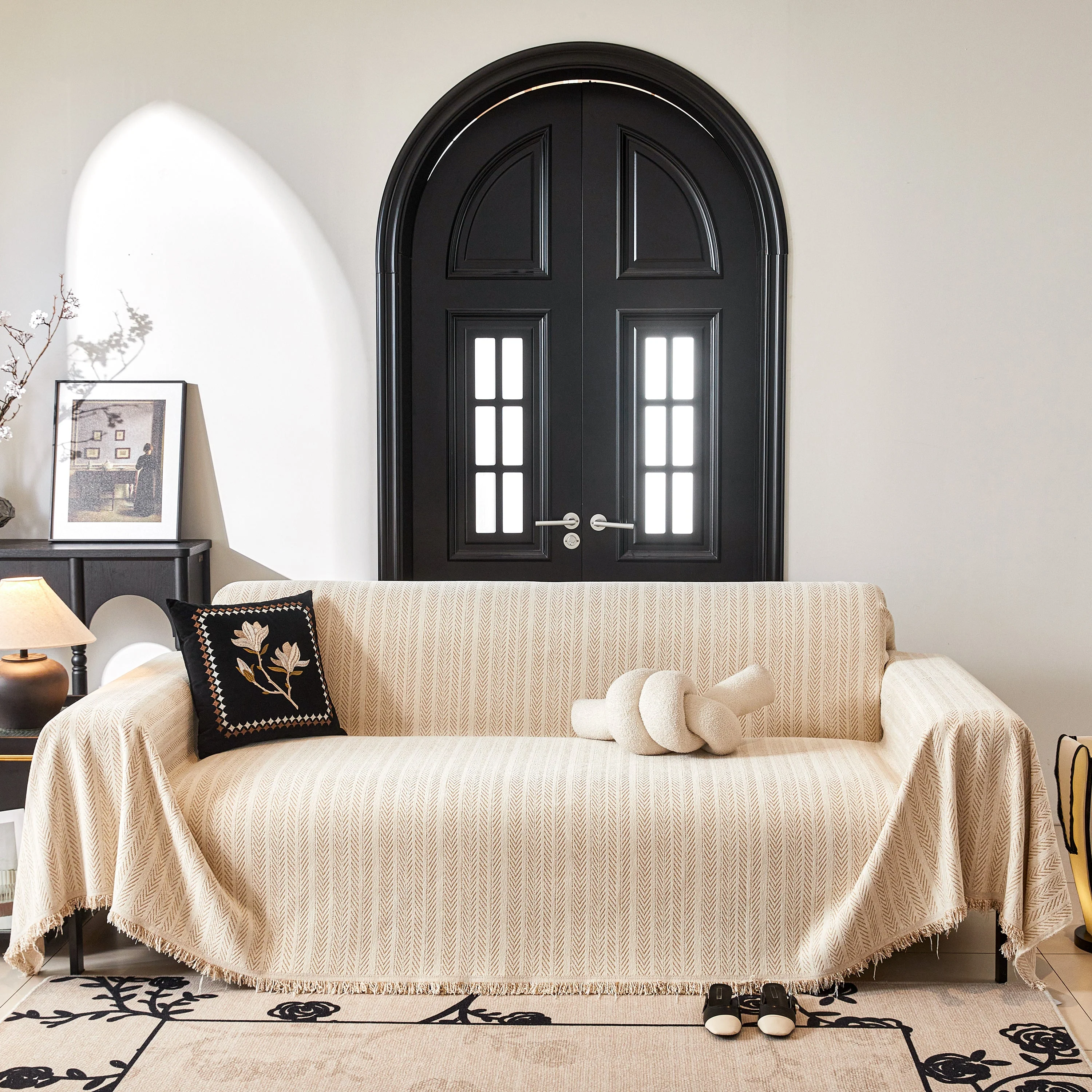 Herringbone Chenille Couch Cover Blanket Soft Durable Throw Sofa Protector with Tassel - Image 2