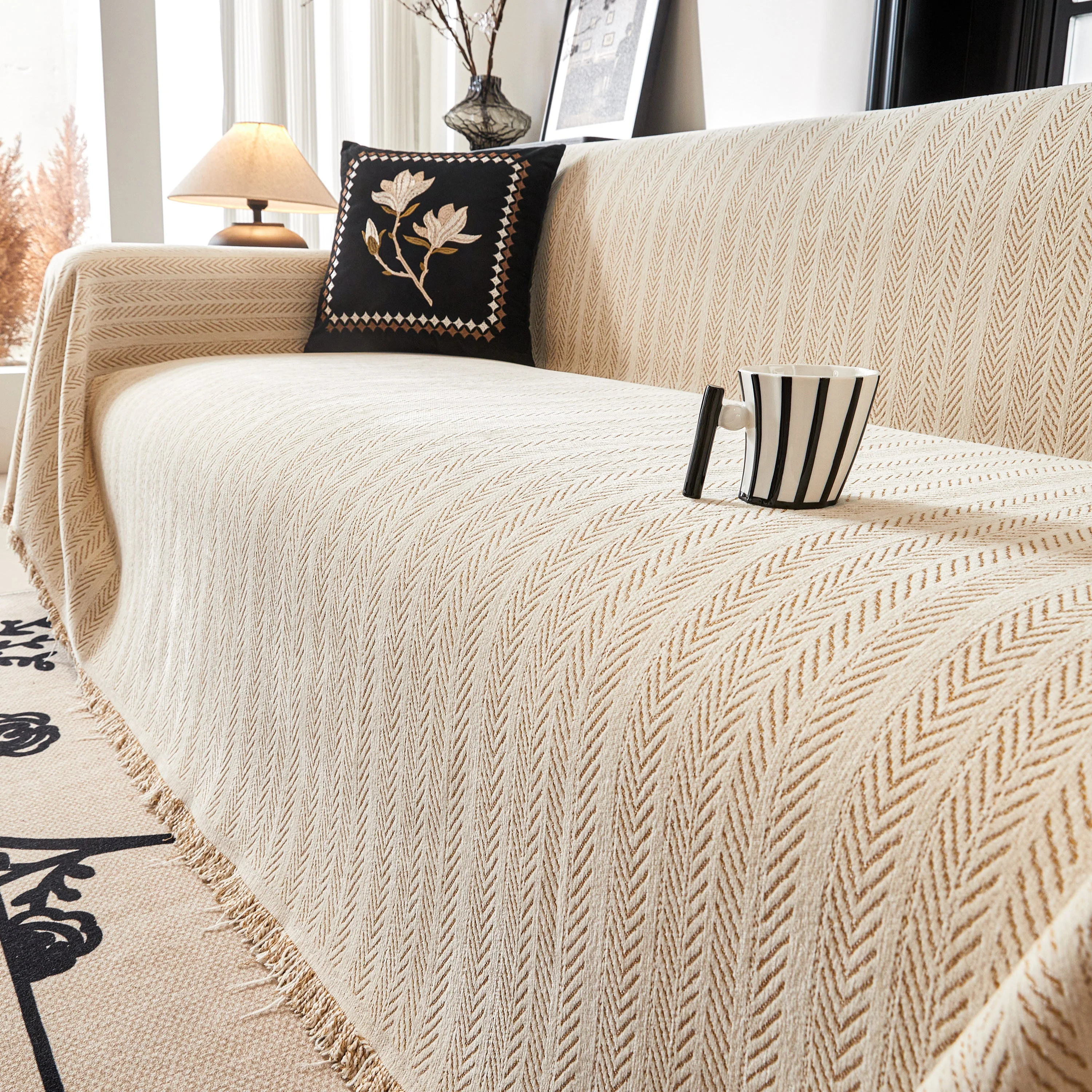 Herringbone Chenille Couch Cover Blanket Soft Durable Throw Sofa Protector with Tassel - Image 22
