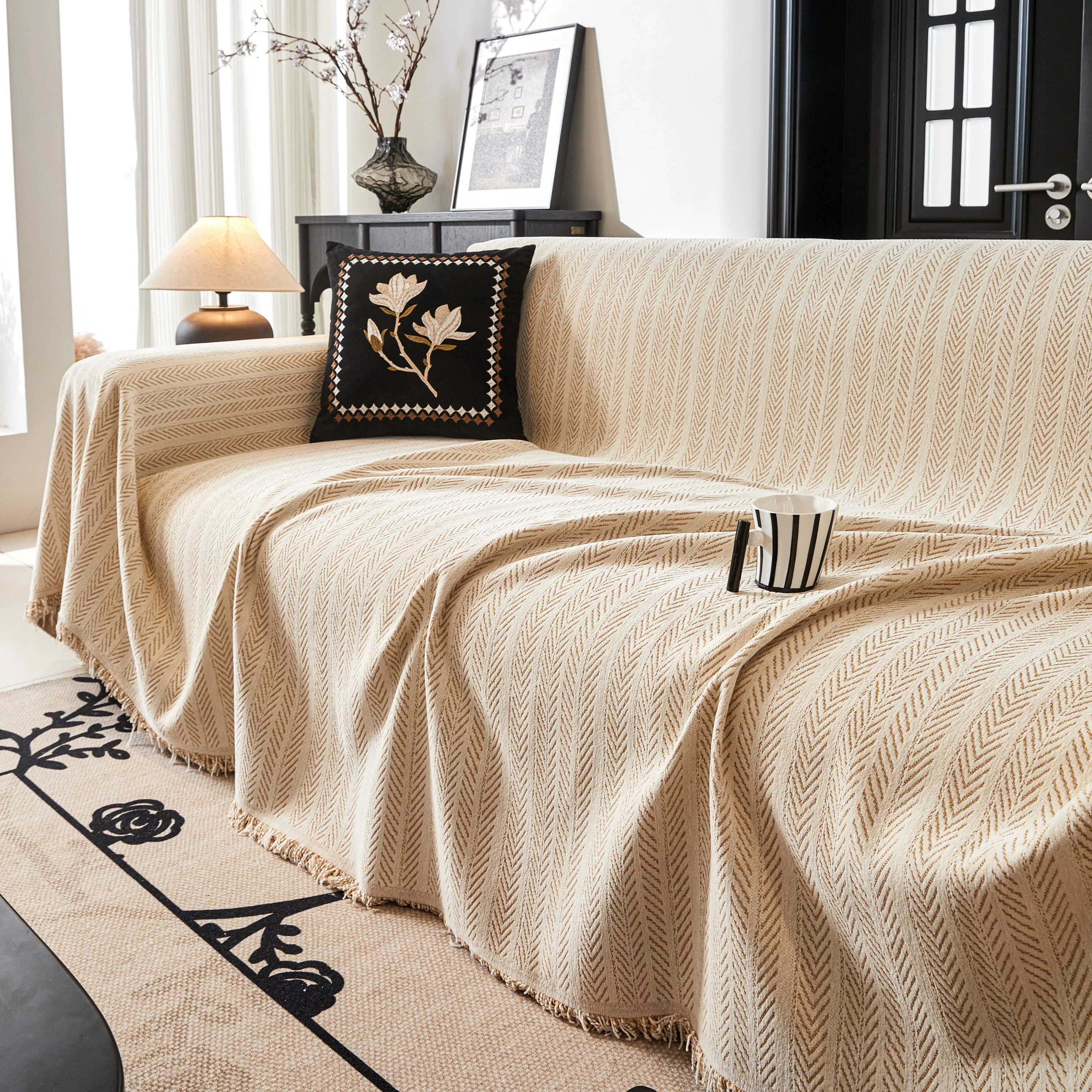 Herringbone Chenille Couch Cover Blanket Soft Durable Throw Sofa Protector with Tassel - Image 23