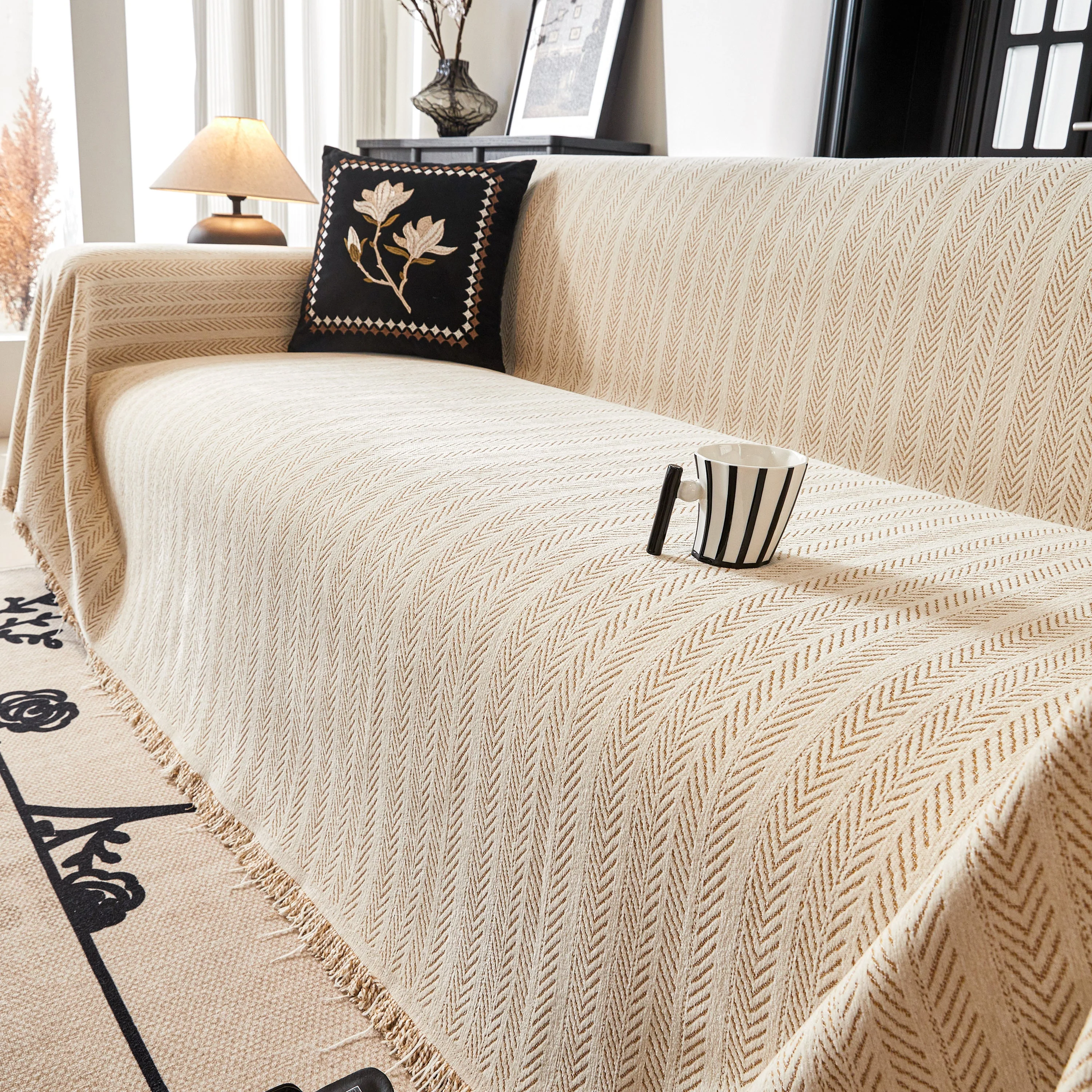 Herringbone Chenille Couch Cover Blanket Soft Durable Throw Sofa Protector with Tassel - Image 26
