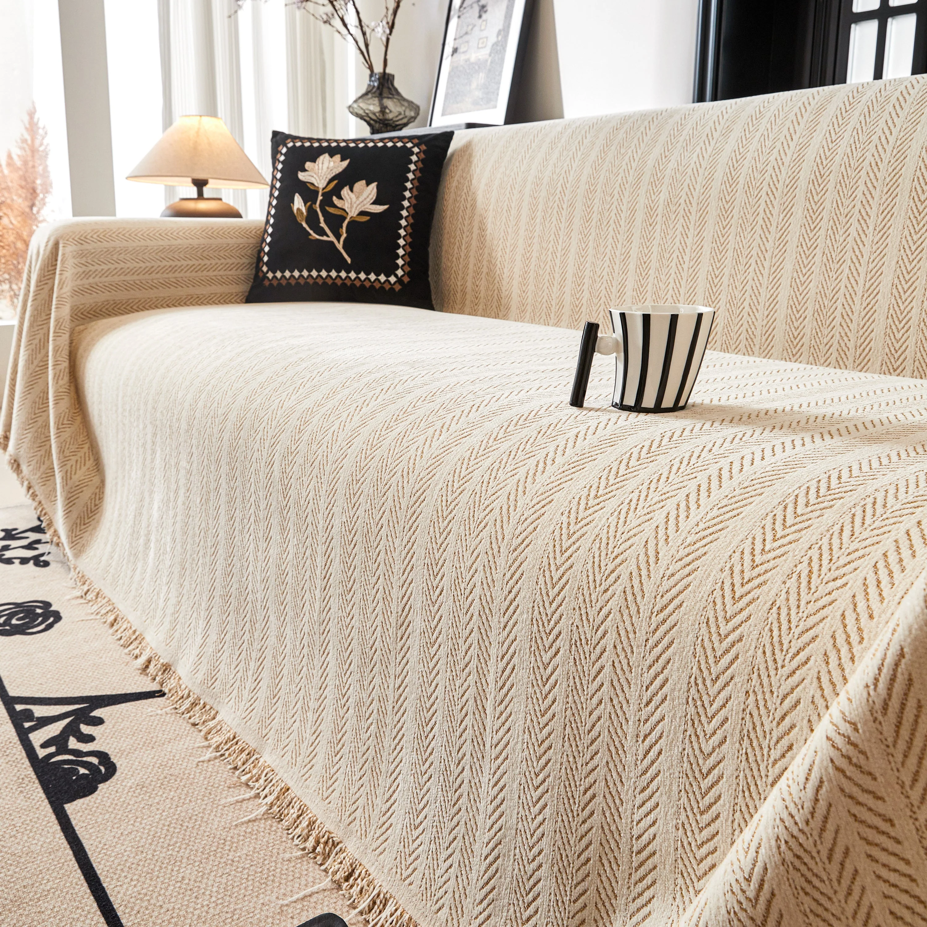 Herringbone Chenille Couch Cover Blanket Soft Durable Throw Sofa Protector with Tassel - Image 27