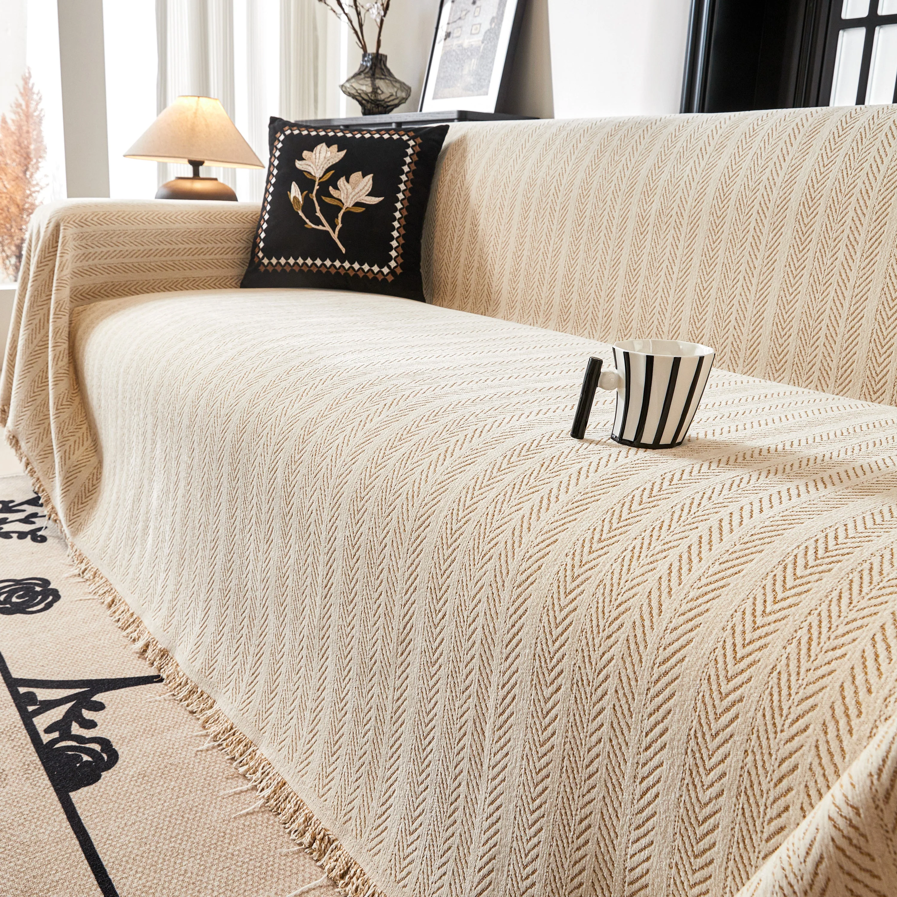 Herringbone Chenille Couch Cover Blanket Soft Durable Throw Sofa Protector with Tassel - Image 28