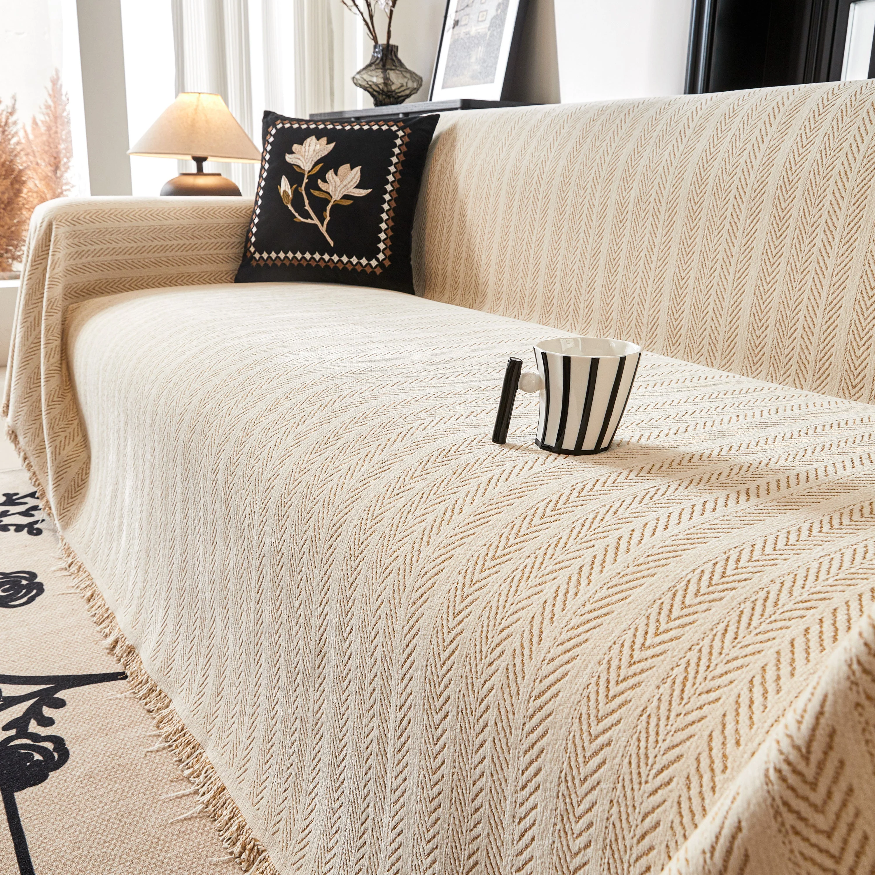 Herringbone Chenille Couch Cover Blanket Soft Durable Throw Sofa Protector with Tassel - Image 29