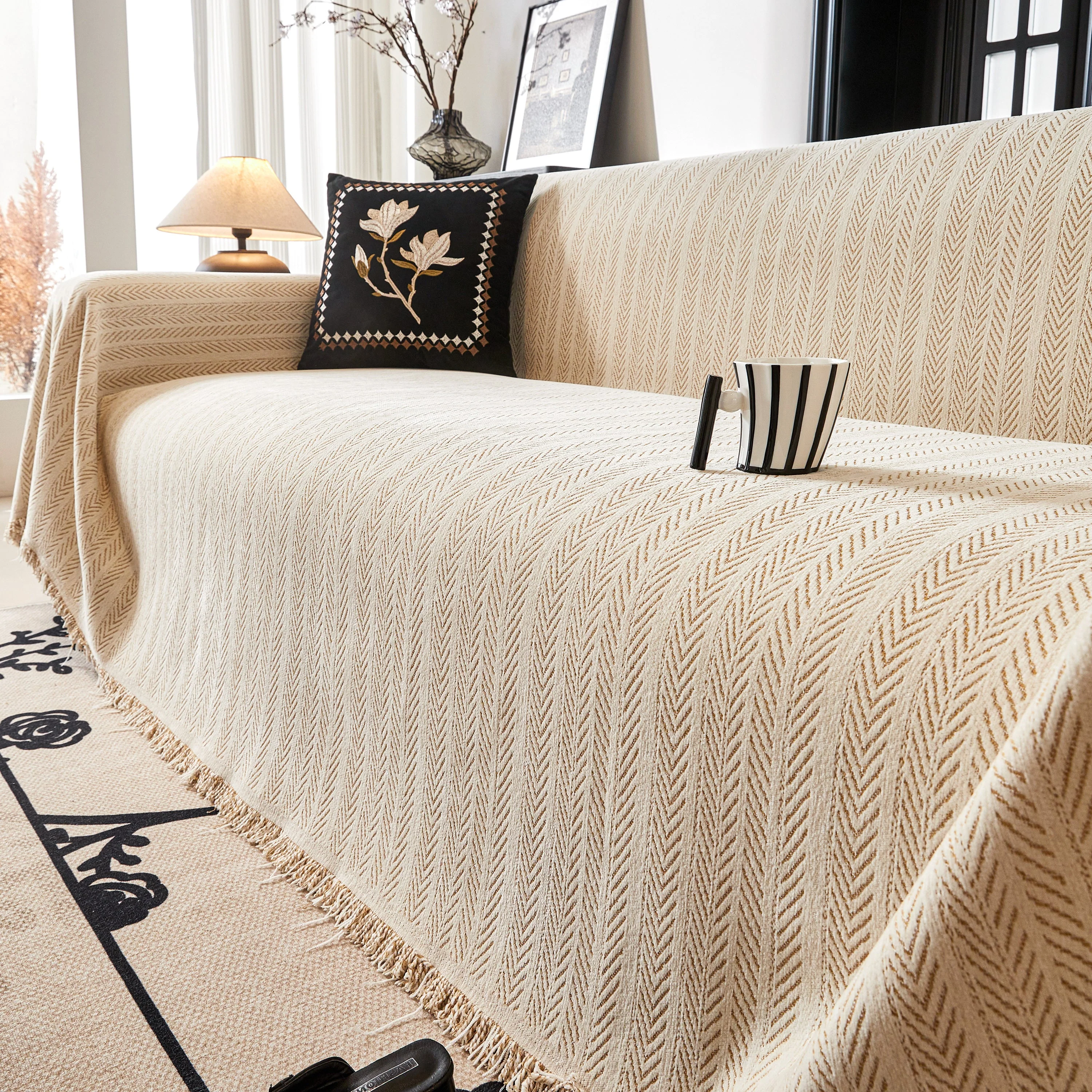 Herringbone Chenille Couch Cover Blanket Soft Durable Throw Sofa Protector with Tassel - Image 30