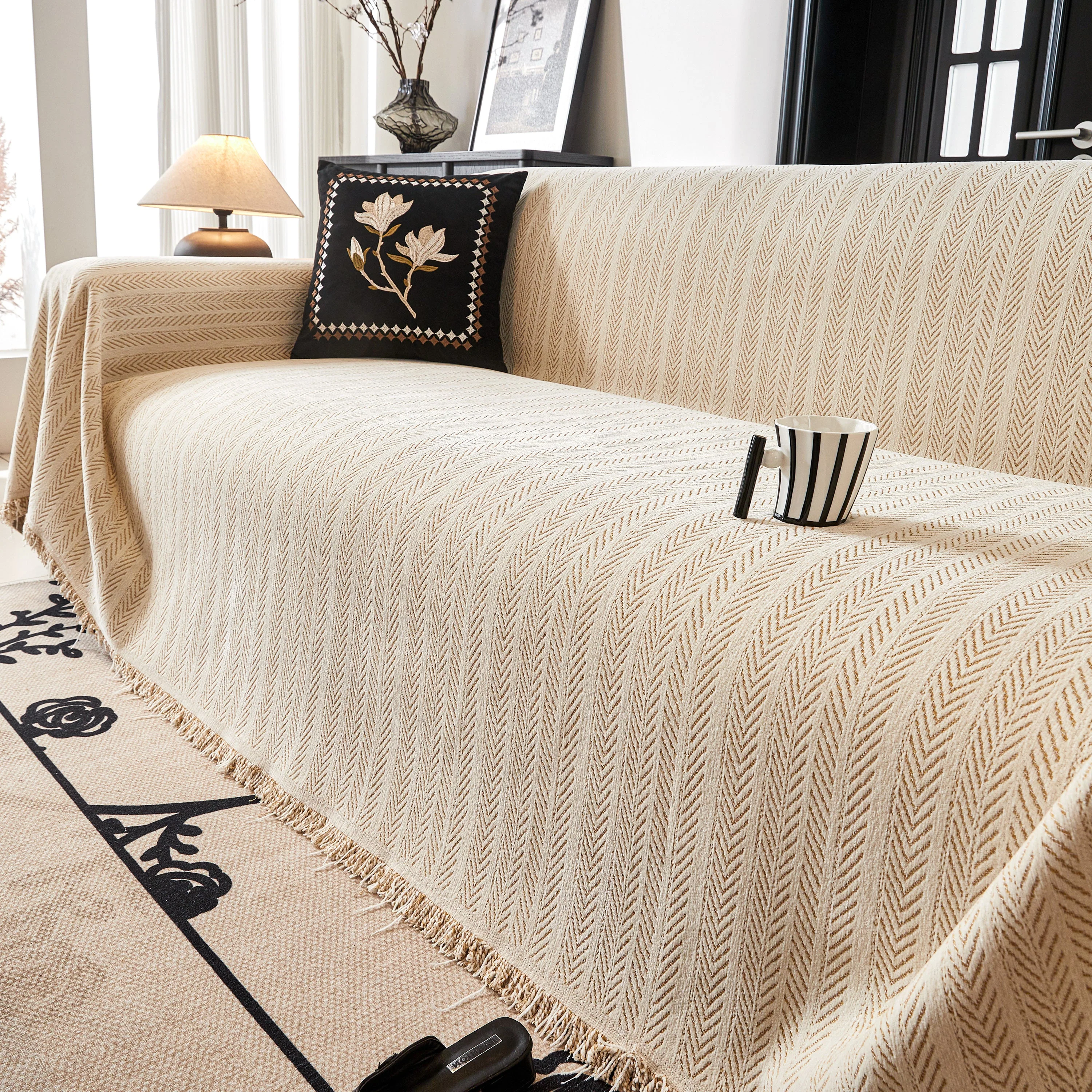 Herringbone Chenille Couch Cover Blanket Soft Durable Throw Sofa Protector with Tassel - Image 31