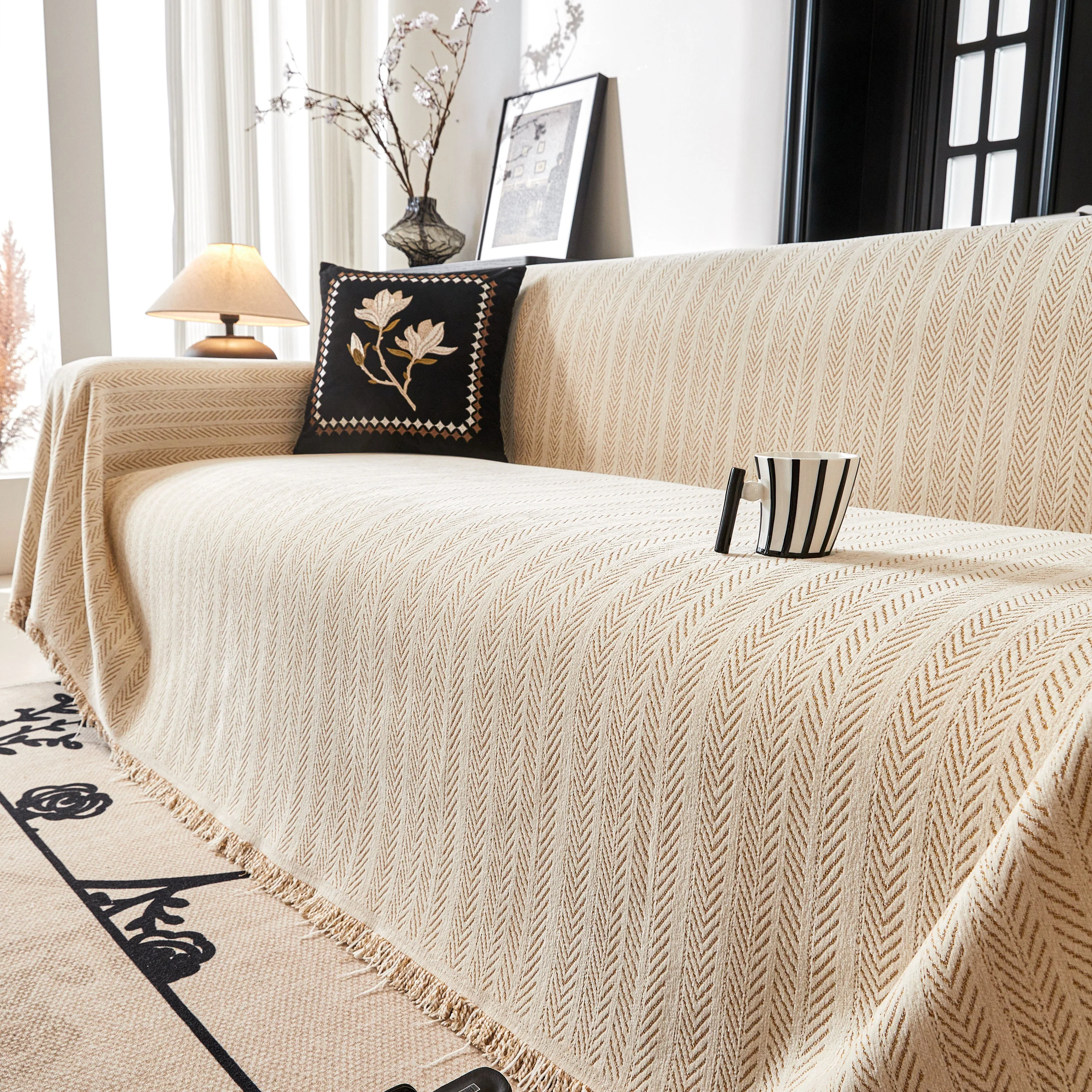 Herringbone Chenille Couch Cover Blanket Soft Durable Throw Sofa Protector with Tassel - Image 32