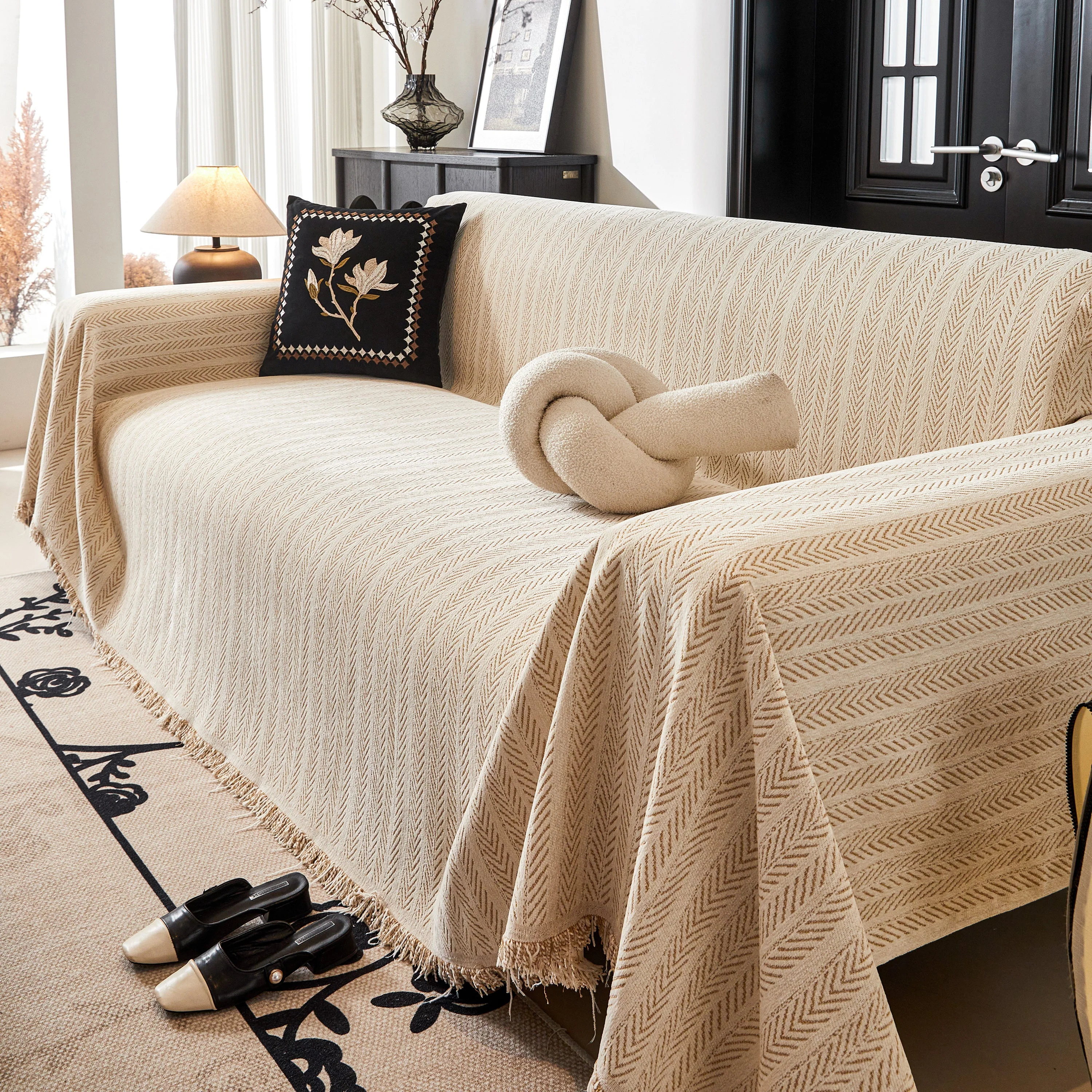 Herringbone Chenille Couch Cover Blanket Soft Durable Throw Sofa Protector with Tassel - Image 33