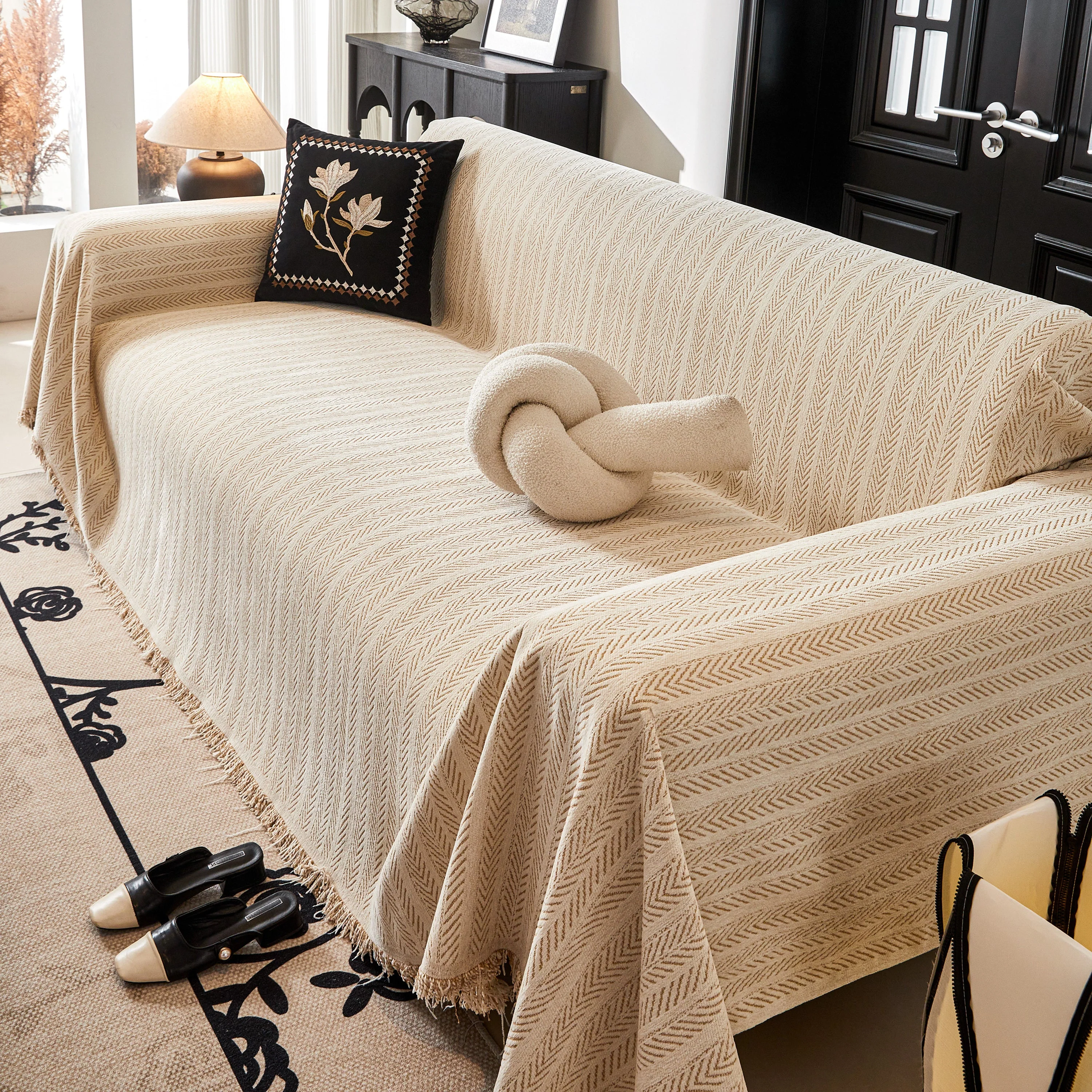 Herringbone Chenille Couch Cover Blanket Soft Durable Throw Sofa Protector with Tassel - Image 34