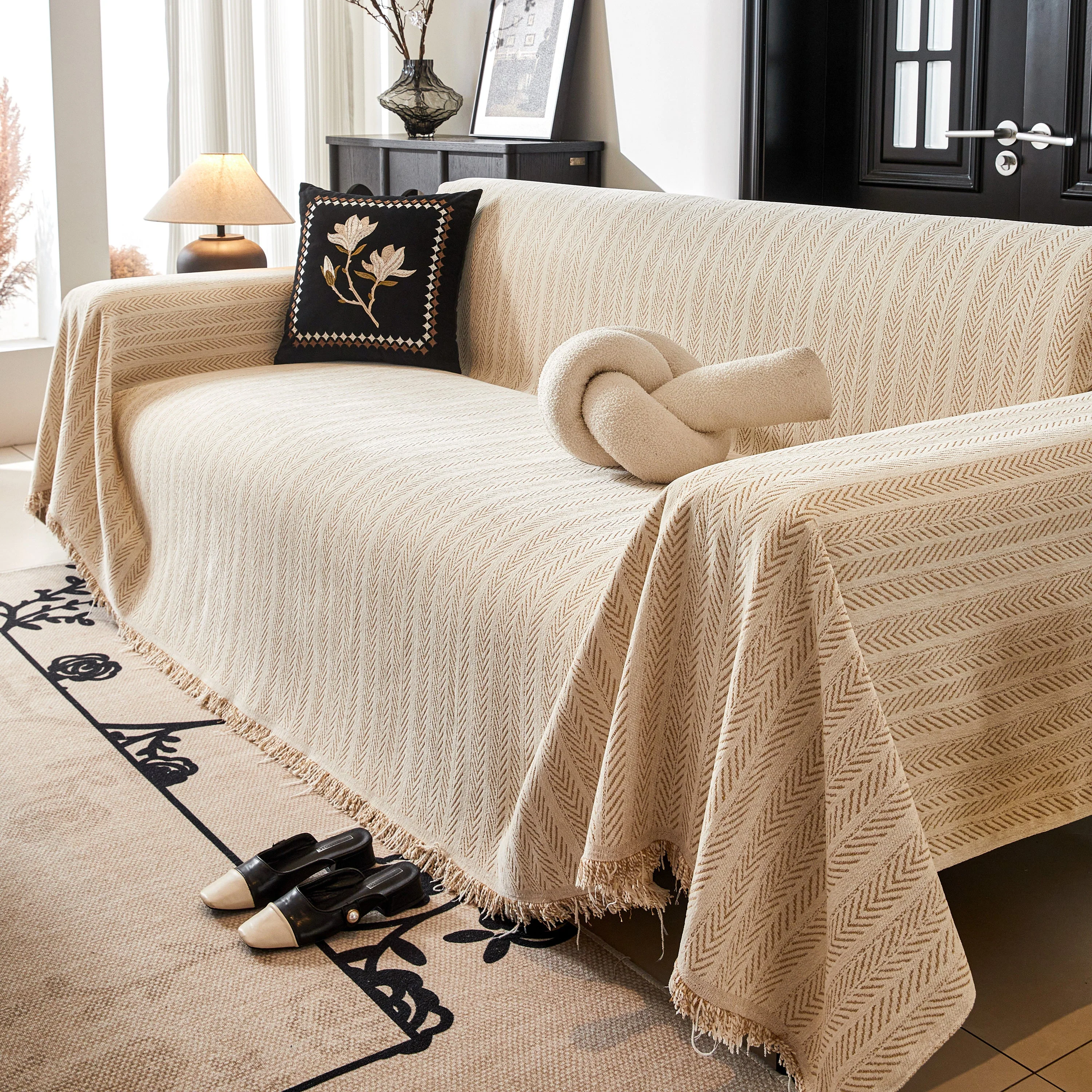 Herringbone Chenille Couch Cover Blanket Soft Durable Throw Sofa Protector with Tassel - Image 35