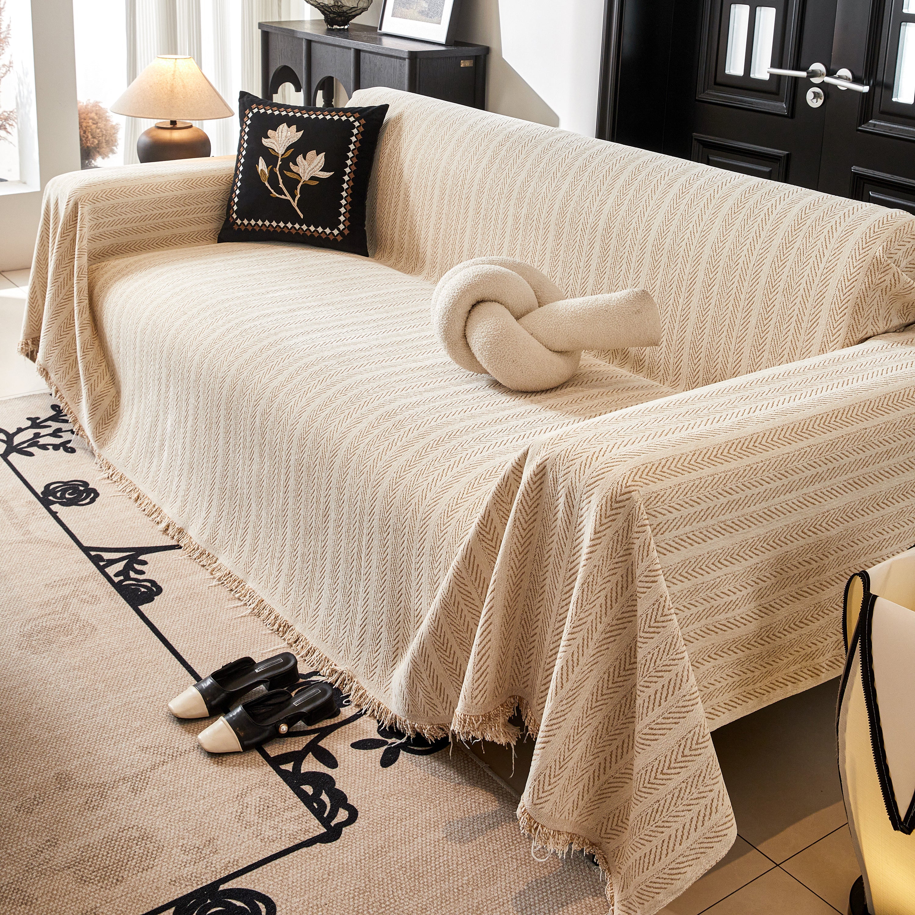Herringbone Chenille Couch Cover Blanket Soft Durable Throw Sofa Protector with Tassel - Image 36