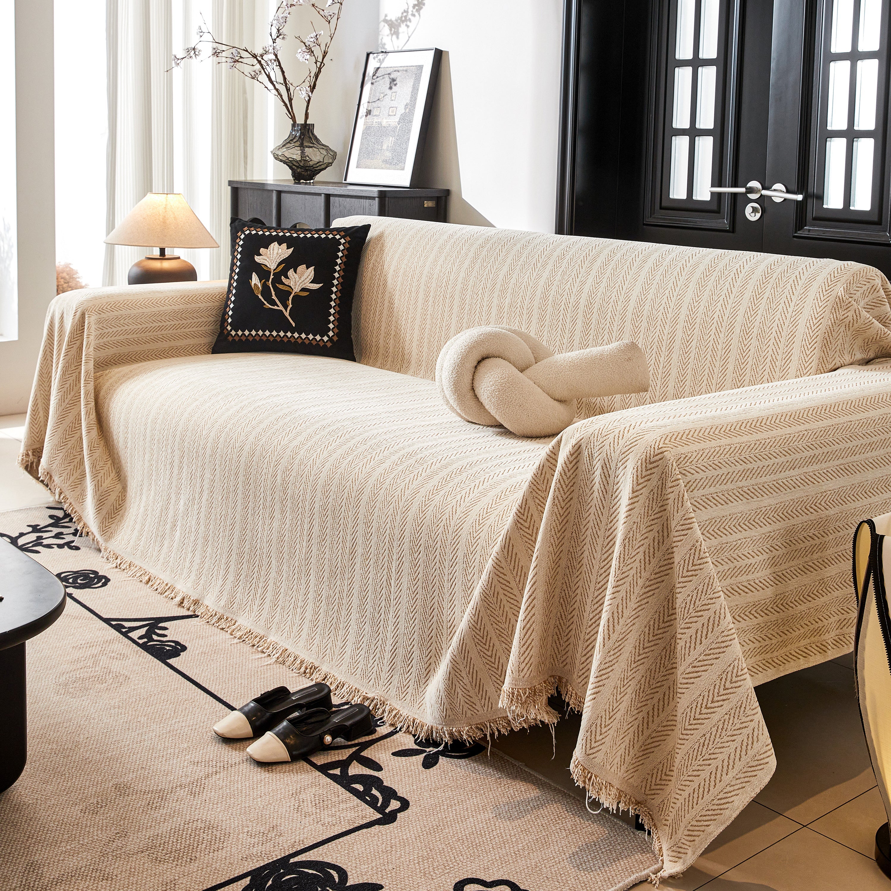Herringbone Chenille Couch Cover Blanket Soft Durable Throw Sofa Protector with Tassel - Image 37