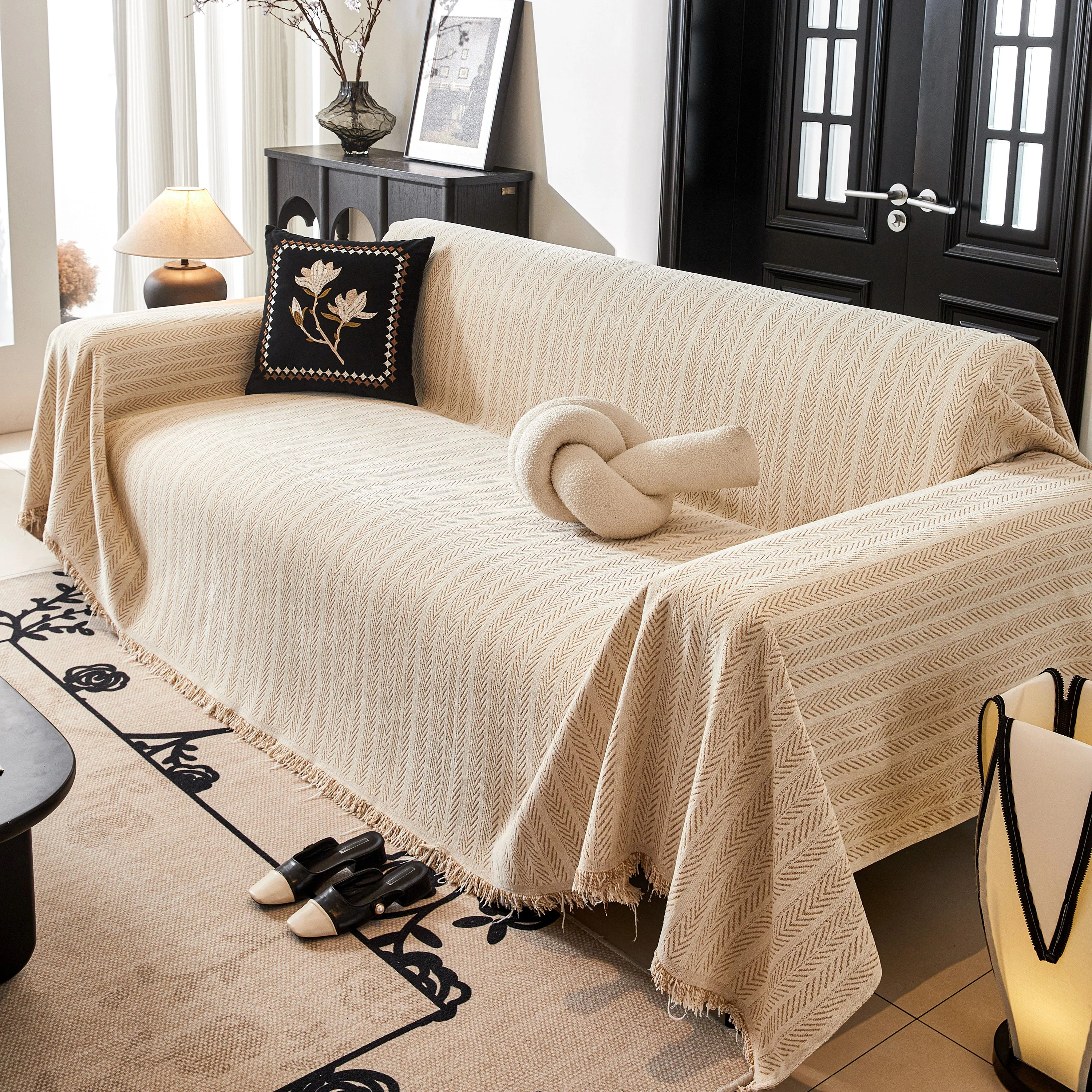 Herringbone Chenille Couch Cover Blanket Soft Durable Throw Sofa Protector with Tassel - Image 38