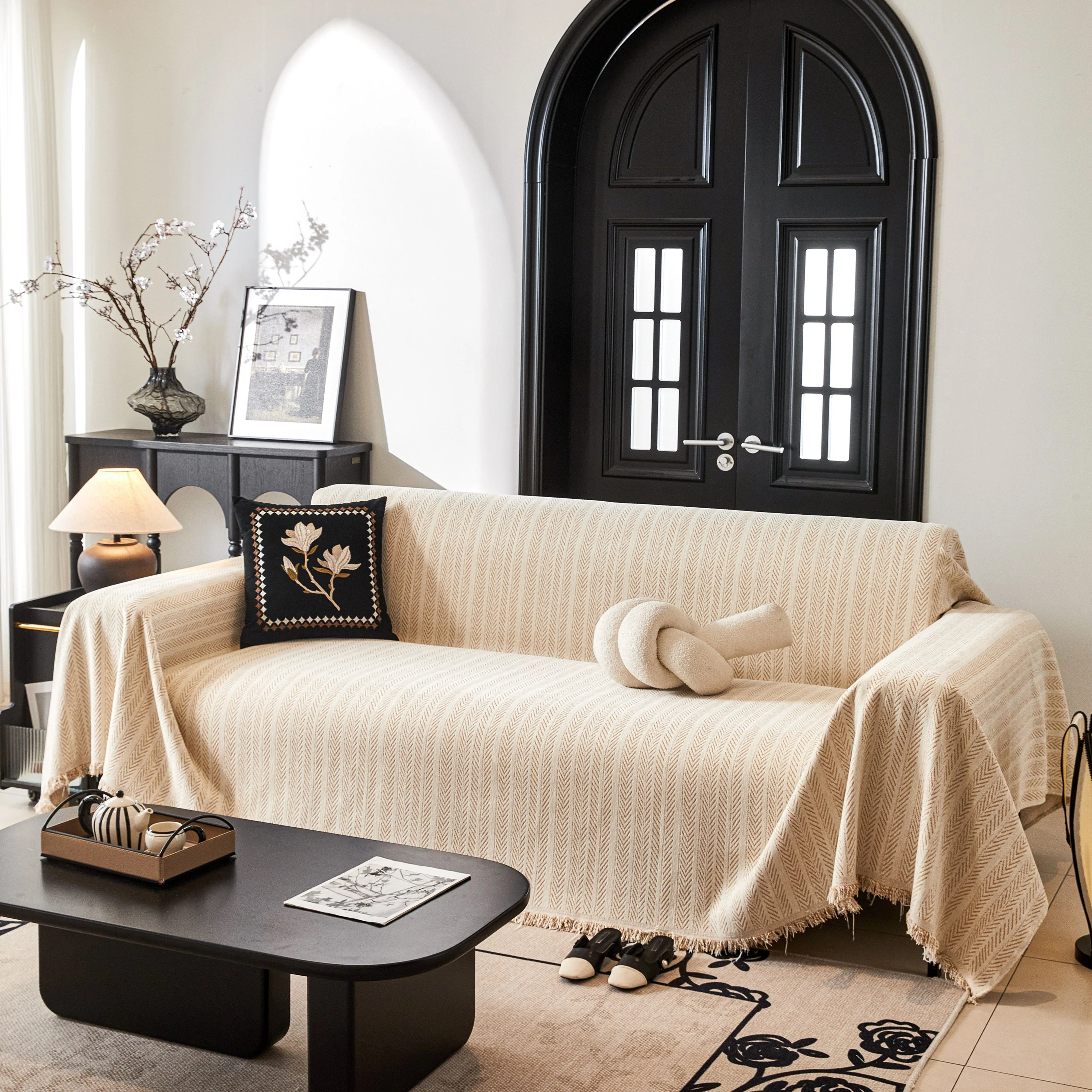 Herringbone Chenille Couch Cover Blanket Soft Durable Throw Sofa Protector with Tassel - Image 39