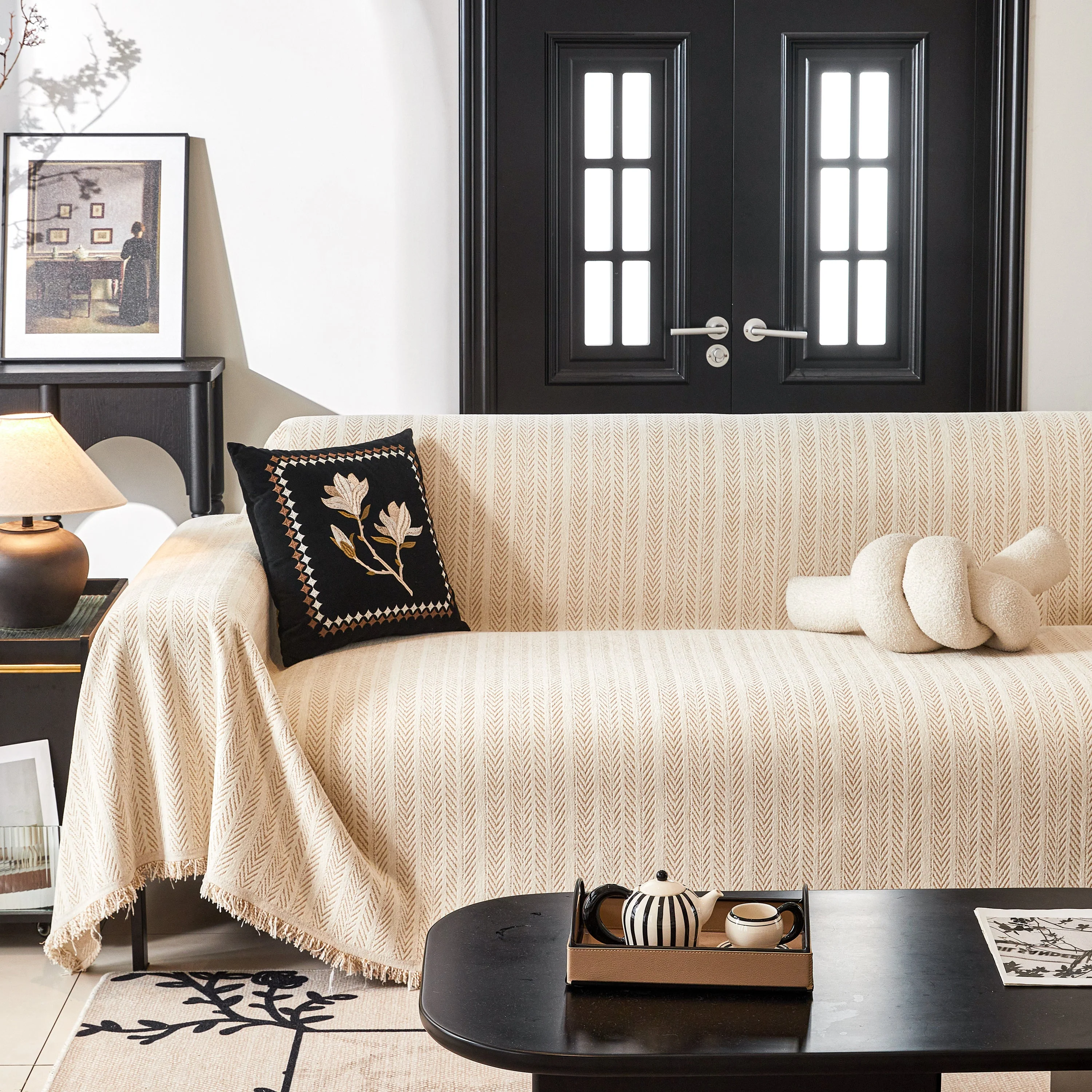 Herringbone Chenille Couch Cover Blanket Soft Durable Throw Sofa Protector with Tassel - Image 40