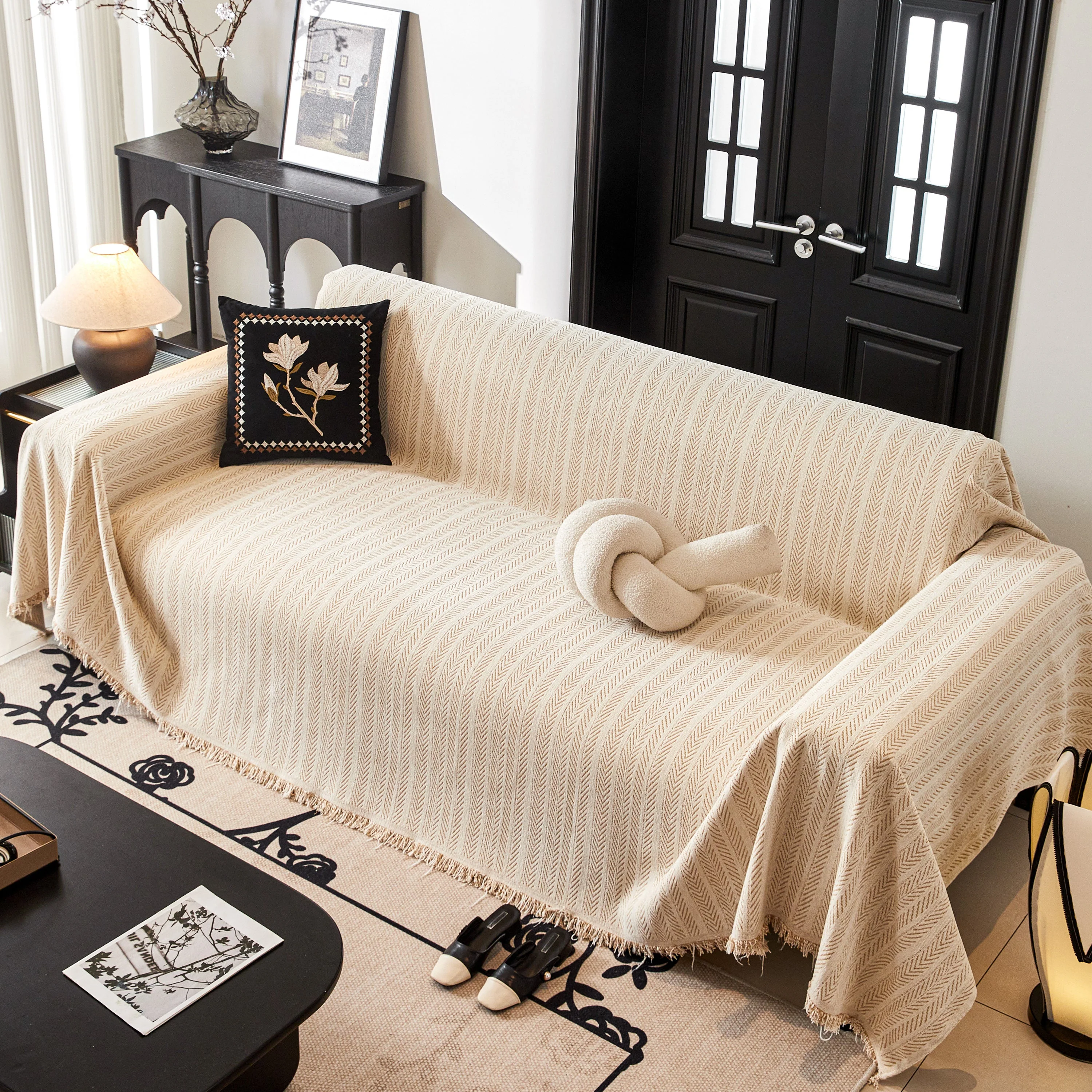 Herringbone Chenille Couch Cover Blanket Soft Durable Throw Sofa Protector with Tassel - Image 41