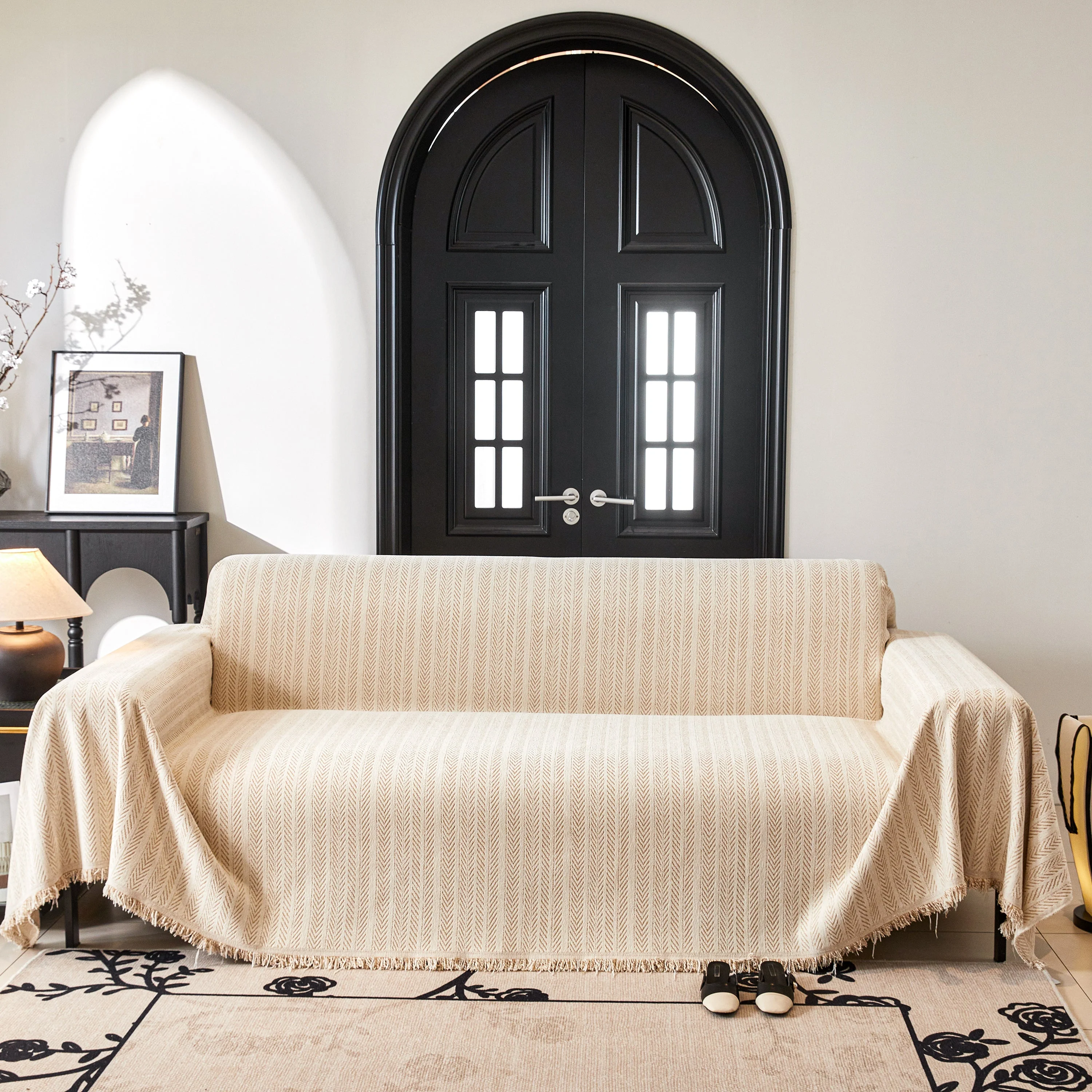 Herringbone Chenille Couch Cover Blanket Soft Durable Throw Sofa Protector with Tassel - Image 42