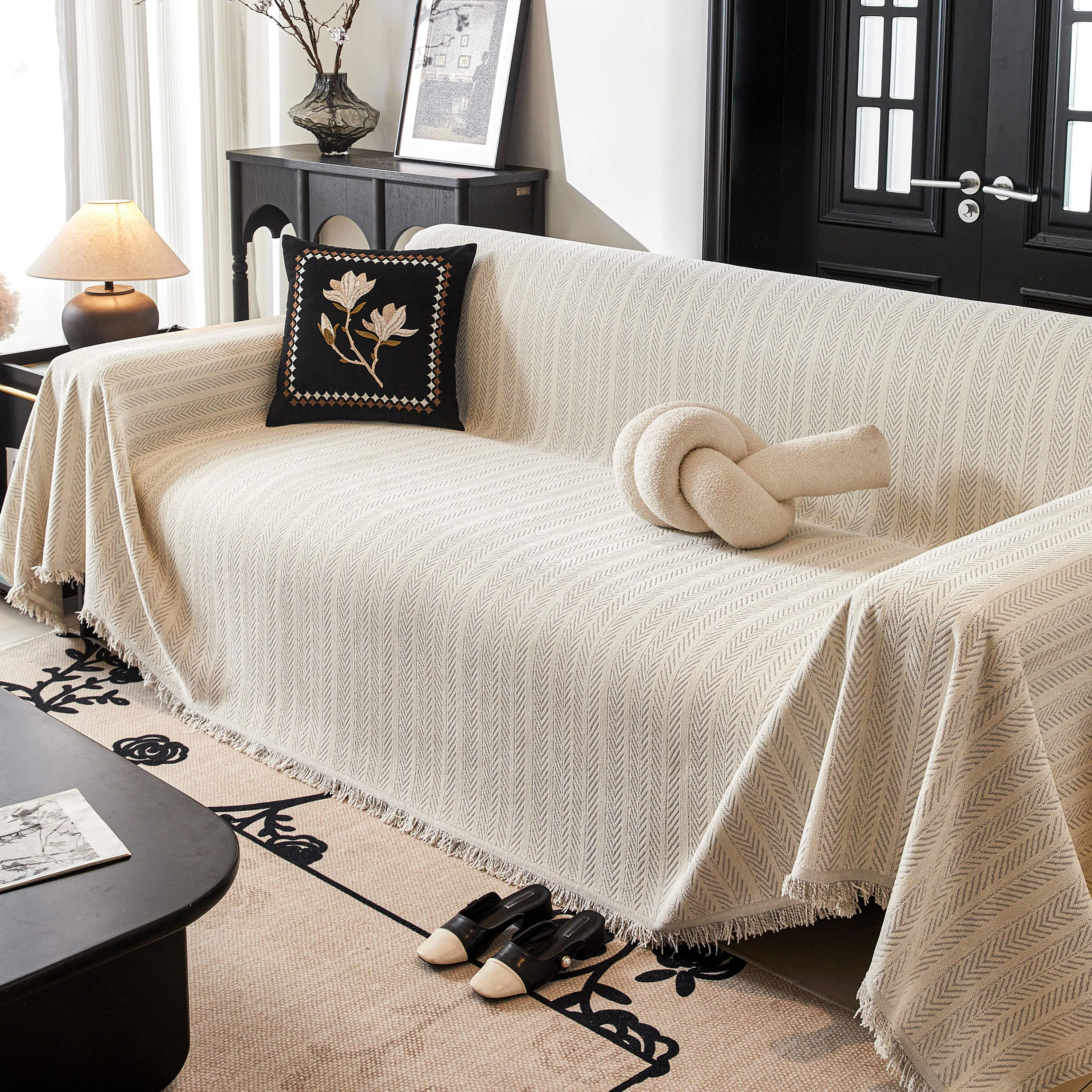 Herringbone Chenille Couch Cover Blanket Soft Durable Throw Sofa Protector with Tassel - Image 43