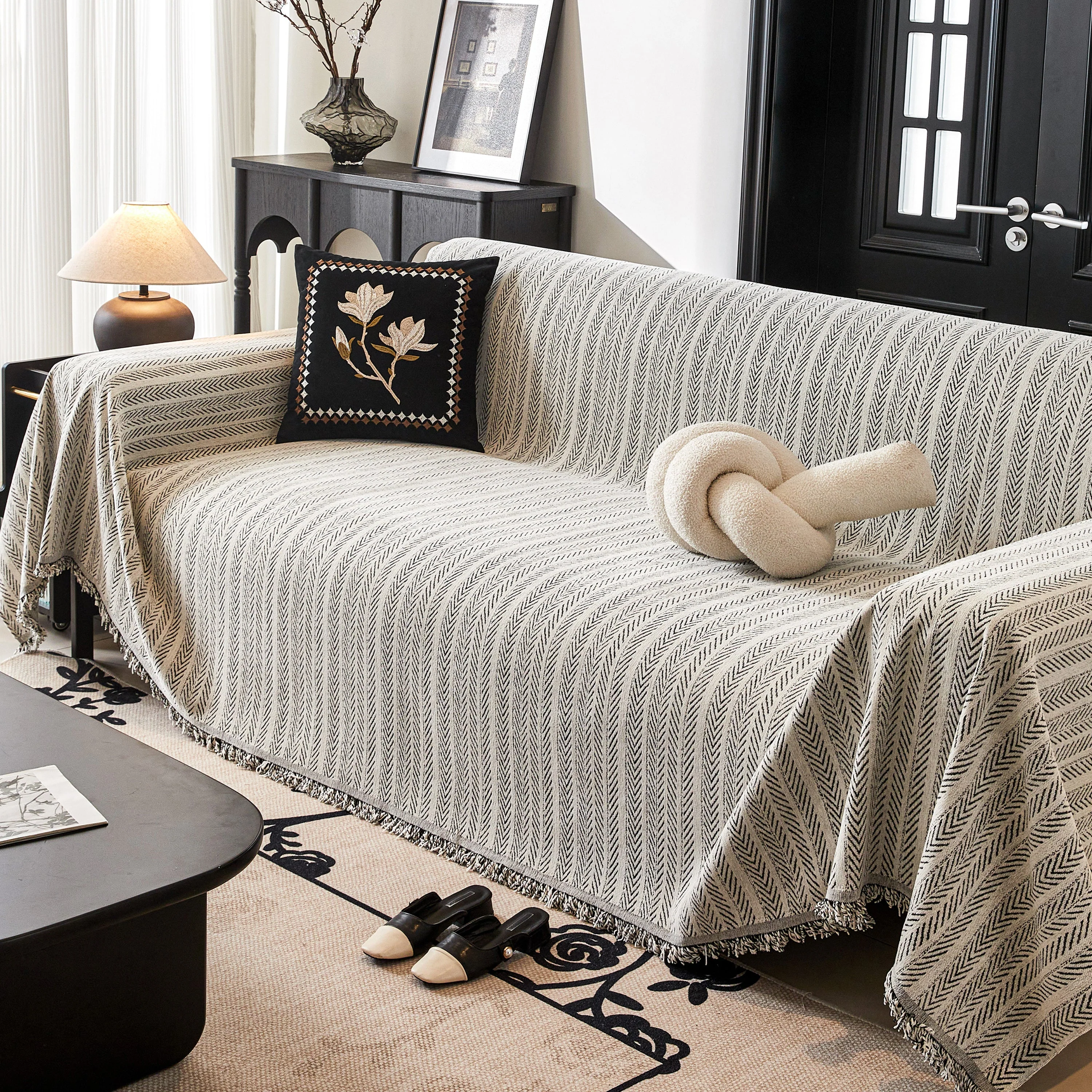 Herringbone Chenille Couch Cover Blanket Soft Durable Throw Sofa Protector with Tassel - Image 44