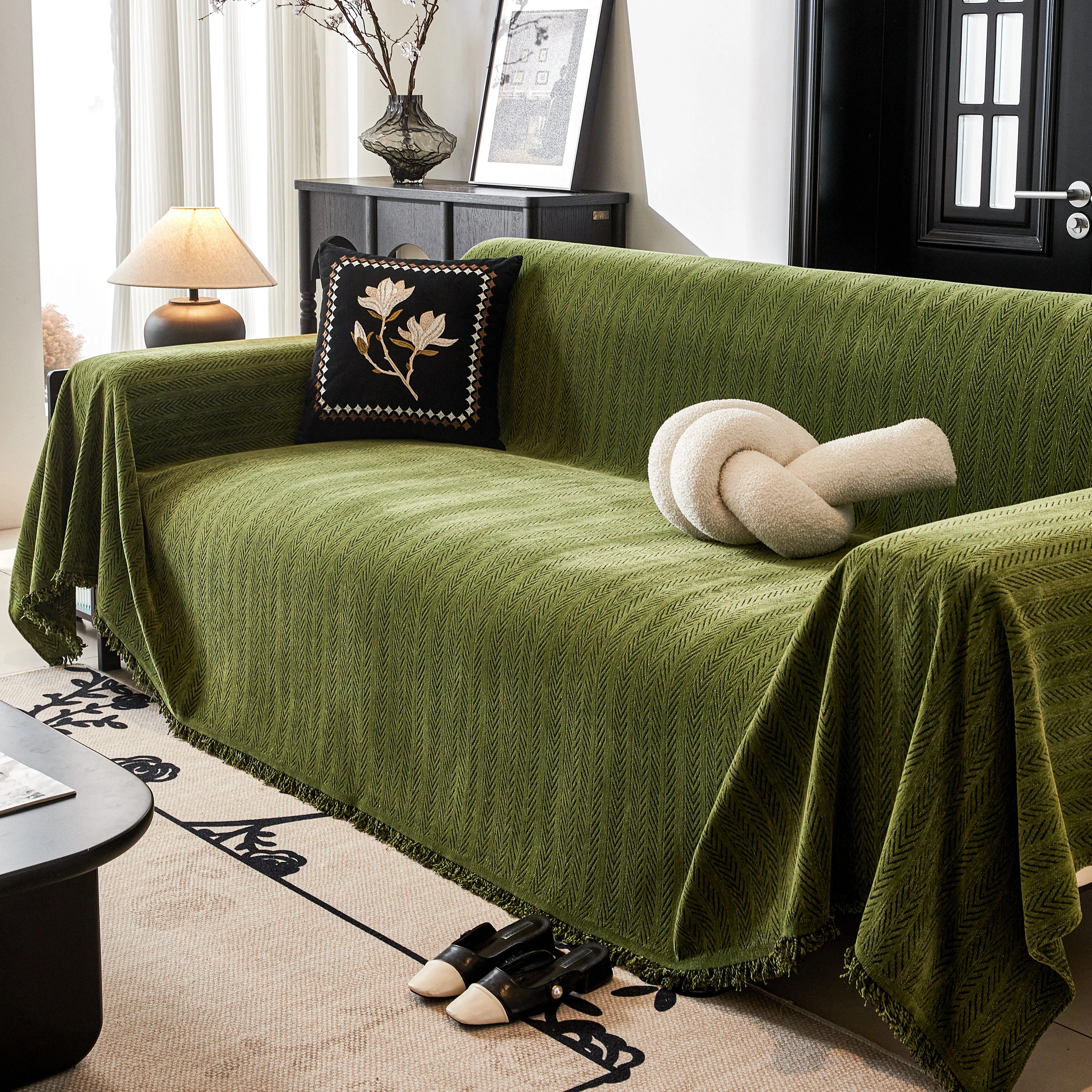 Herringbone Chenille Couch Cover Blanket Soft Durable Throw Sofa Protector with Tassel - Image 45